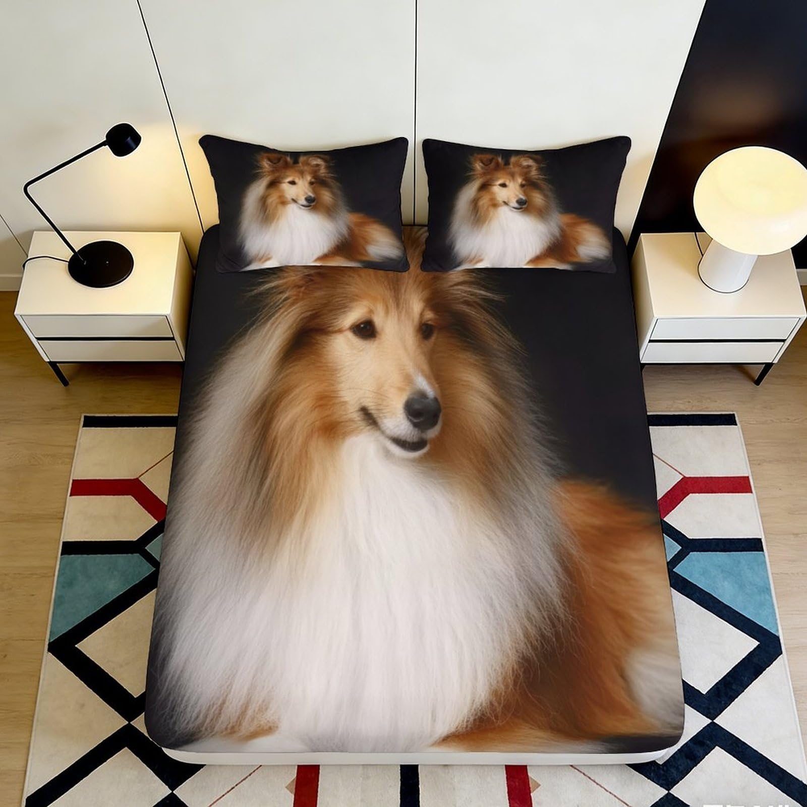 3D Printed Shetland Sheepdog Fitted Sheet Microfiber Soft Durable Collie Dog Mattress Cover for Bedroom Dormitory Guest Room Bed Protection 180x200x25cm
