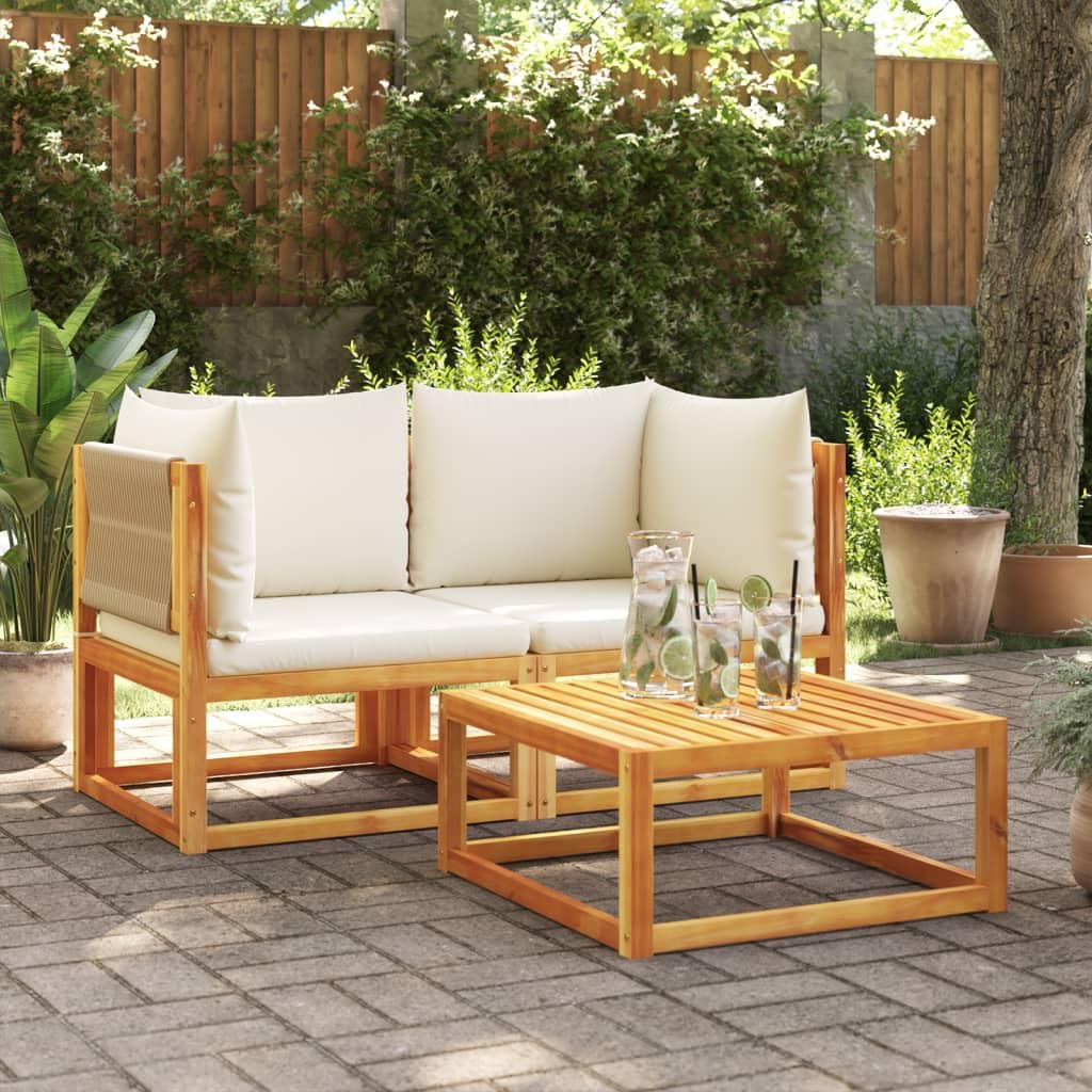 Set di 2 divani da giardino in legno di acacia, con cuscini imbottiti, divano da giardino modulare con schienali intrecciati, set di mobili da giardino con cuscini e corda intrecciata