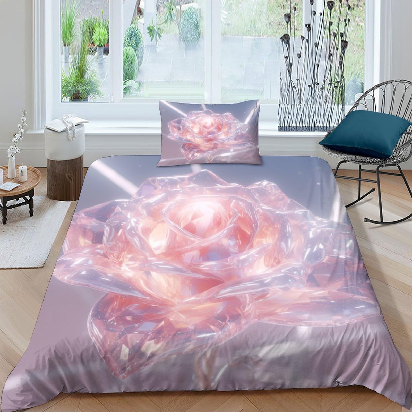 Parure de lit single 135x200cm motif roses pour chambre d'amis IOFEER