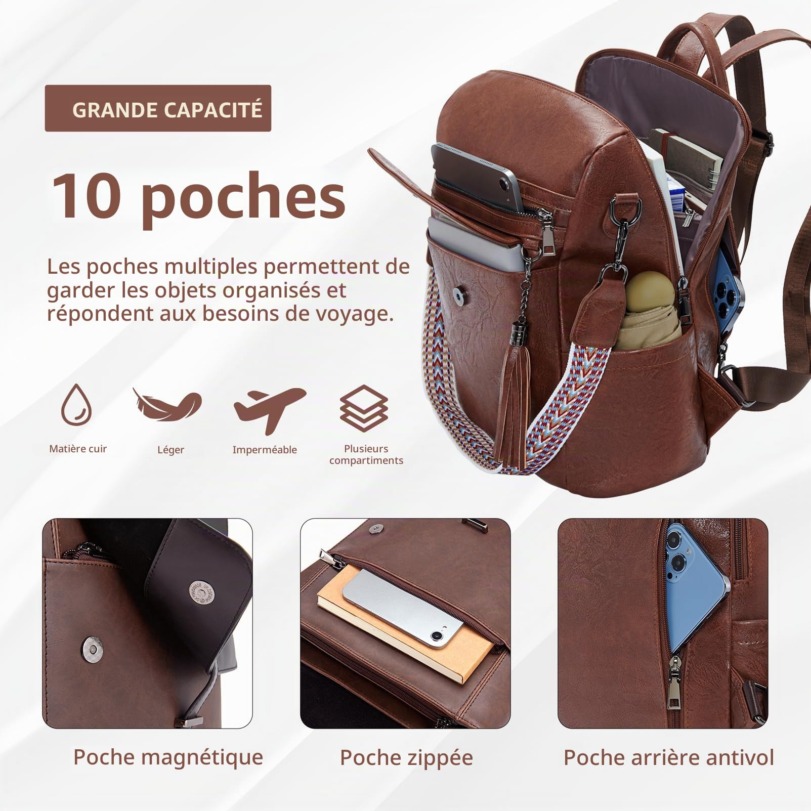 Petit Sac a Dos Cuir Femme Vintage, 2 en 1 Sacs à Main Portés Dos Femme Imperméable Cuir Sac à Dos élégant Plusieurs Poches Sac a Dos Antivol pour le Loisir, Voyage