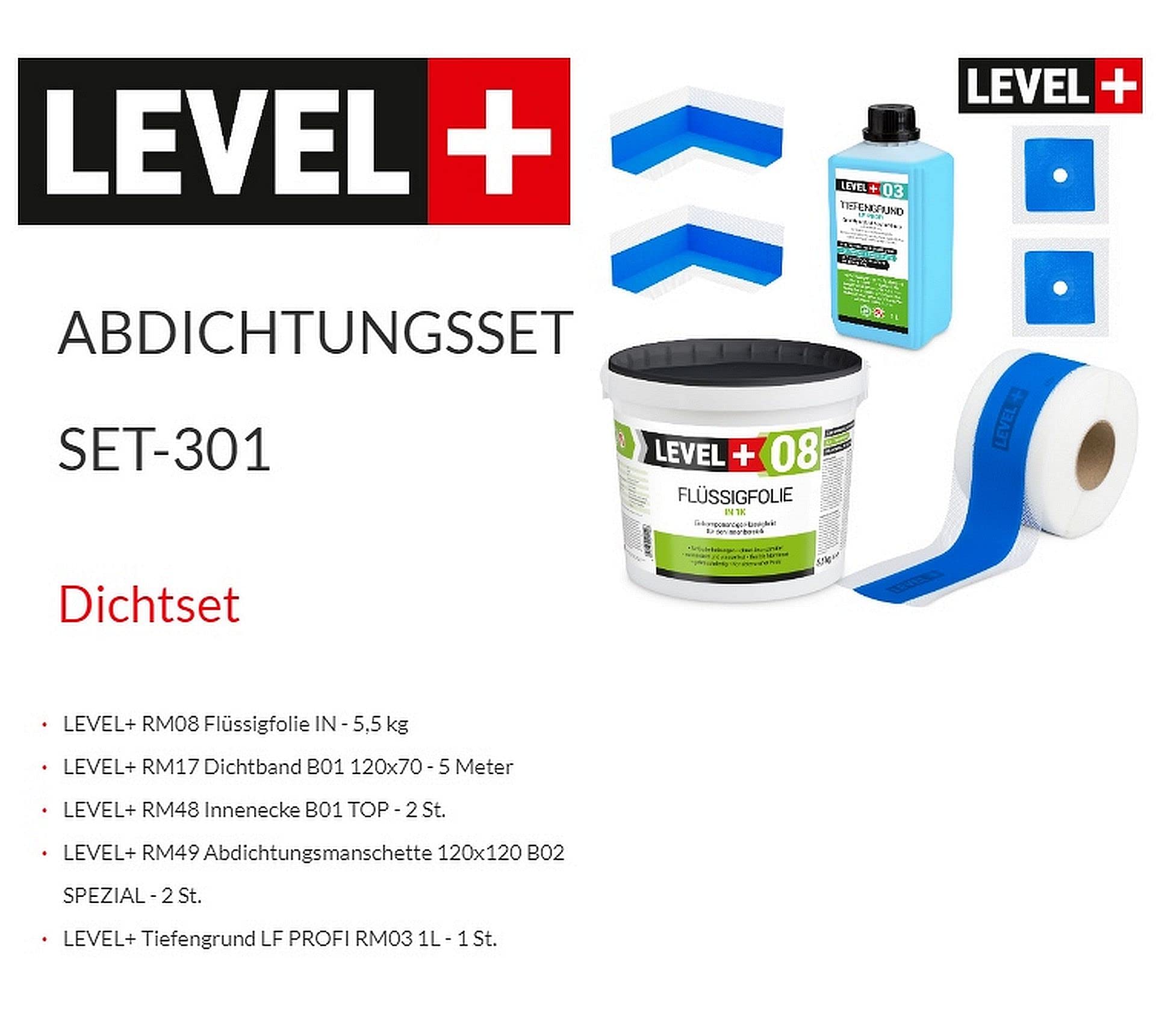 Dichtset 5,5 Kg Flüssigfolie, 2 Innenecken, 2 Wandmanschetten, 5m Dichtband | Tiefengrund 1 L Abdichtungsset Bandset Dusche Bad Küche SET301