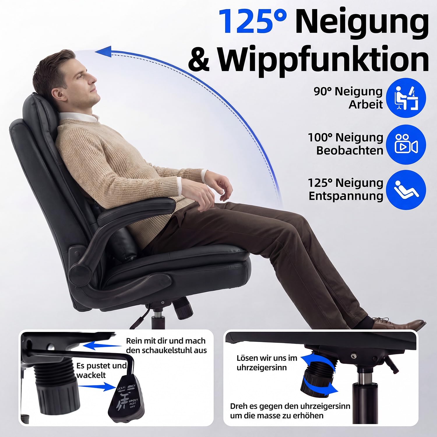 Bürostuhl Ergonomisch [TESTSIEGER] Schreibtischstuhl, Schwarz | Bürostuhl 150kg, Verstellbaren Armlehnen, Lordosenstütze, Höhenverstellbarer, 90°-125° Wippfunktion, 360°, Kratzfeste Leder