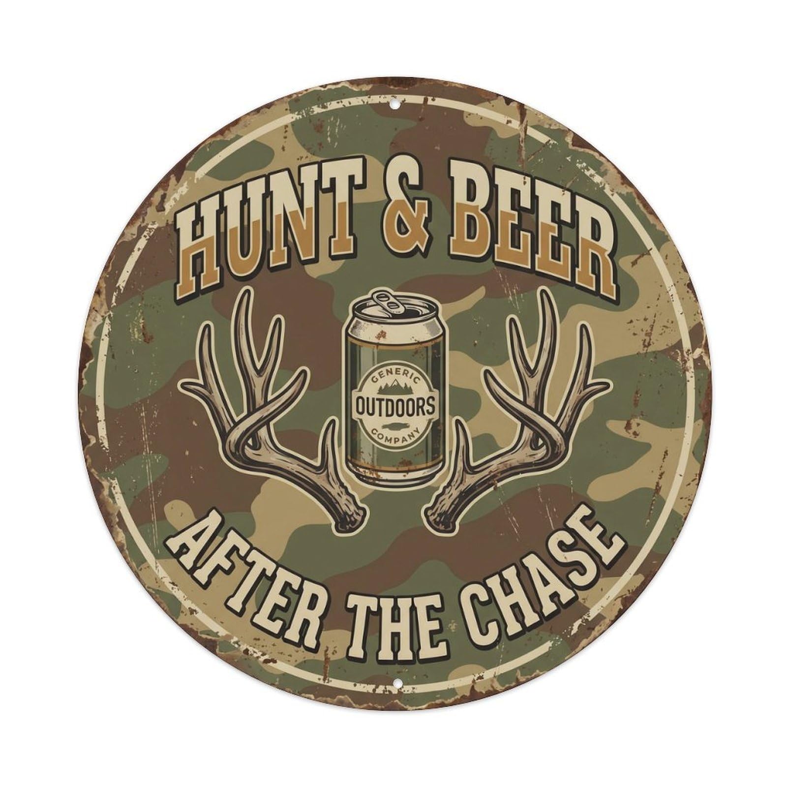 Retro Bar Style Hunting Outdoor Garage Beer Metal Tin Sign Plaque Wall Decor for Cafe, Club, Garden Round Metal Poster 8x8Inch