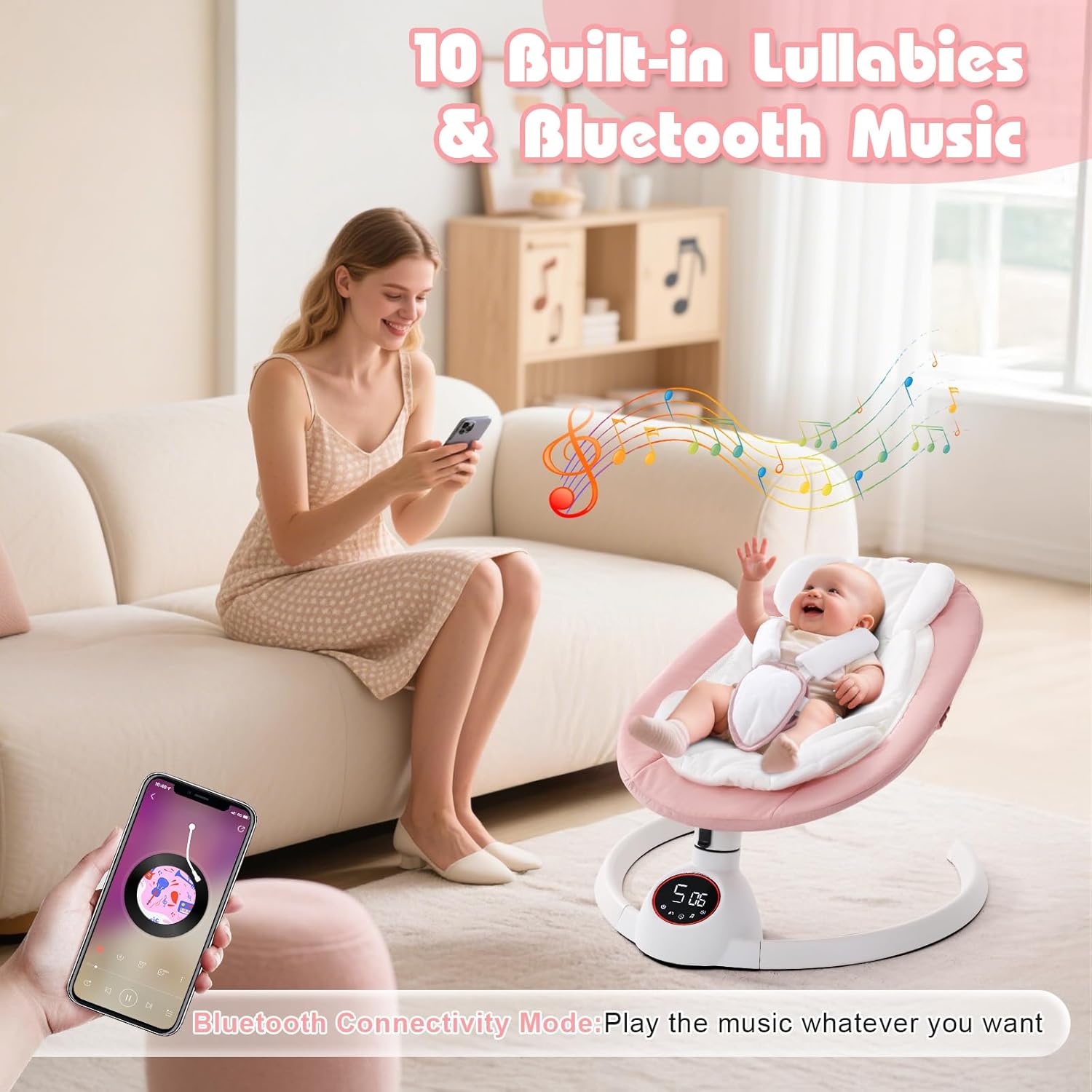 Soobaby Baby Swing for Infants,Electric swingfor Babies,Portable Swing for Baby Boy Girl,Remote Control Indoor Baby Rocker with 5 Sway Speeds,Music and Bluetooth,Hot Pink