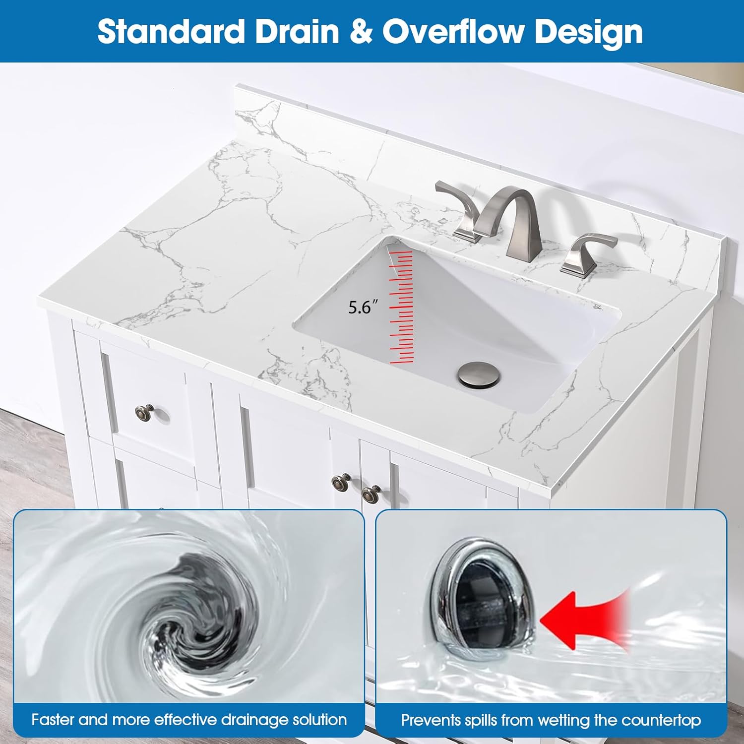 36 Inch Engineered Stone Bathroom Vanity Sink Top, with Undermount Rectangular Right Side Sink, Vanity Countertop with 8 inch Faucet Hole Spacing and Backsplash in Lightning White