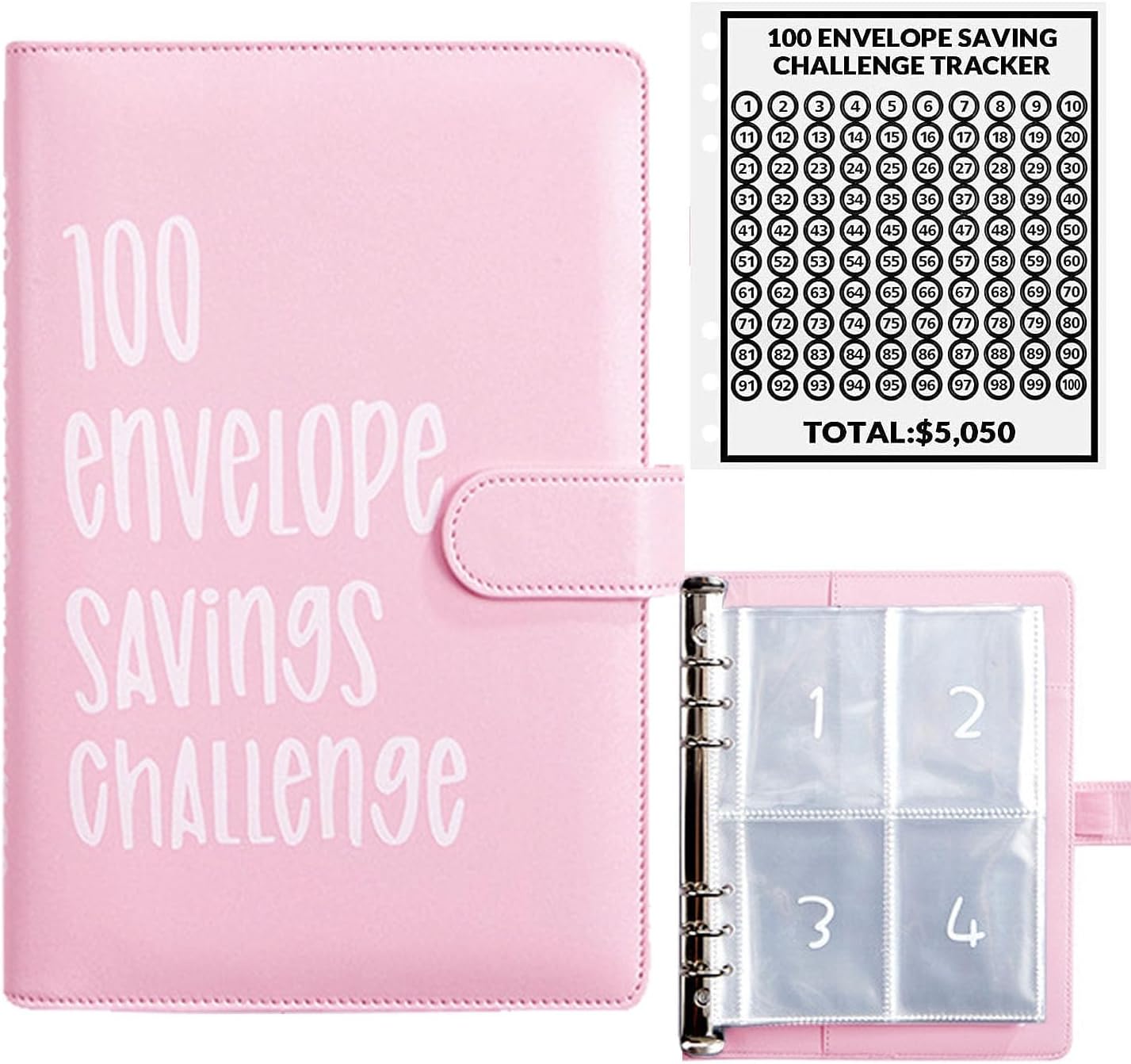 AASLOB 100 Envelopes Money Saving Challenge, 100 Envelope Challenge Binder, Easy and Fun Way to Save $5,050, Savings Challenges Budget Book Binder with Cash Envelopes for Office,Home,School (Pink)