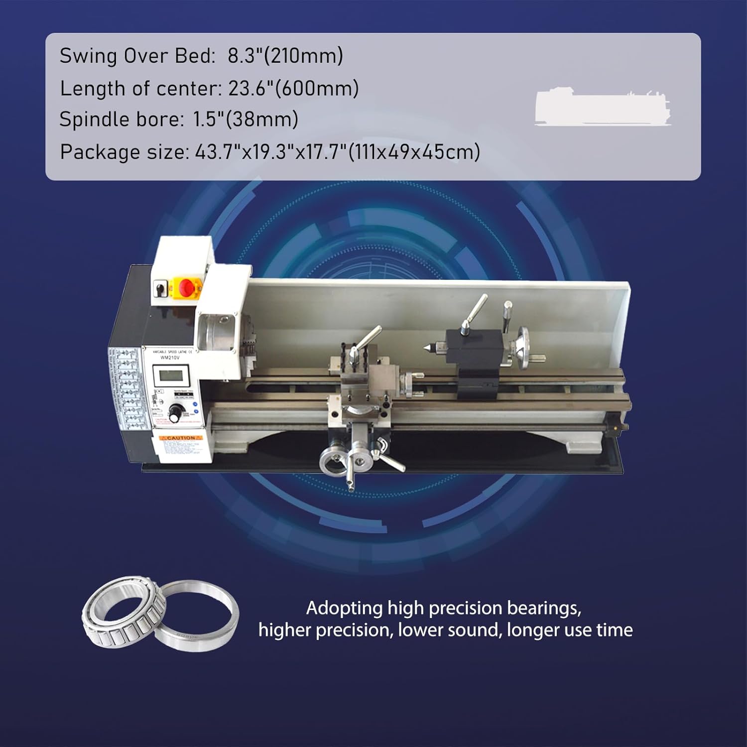 8"x24" Mini Lathe Metric Precision Metal Bench Lathe 1100W DIY Brushless Motor Variable Speed Lathe 110V WM210V