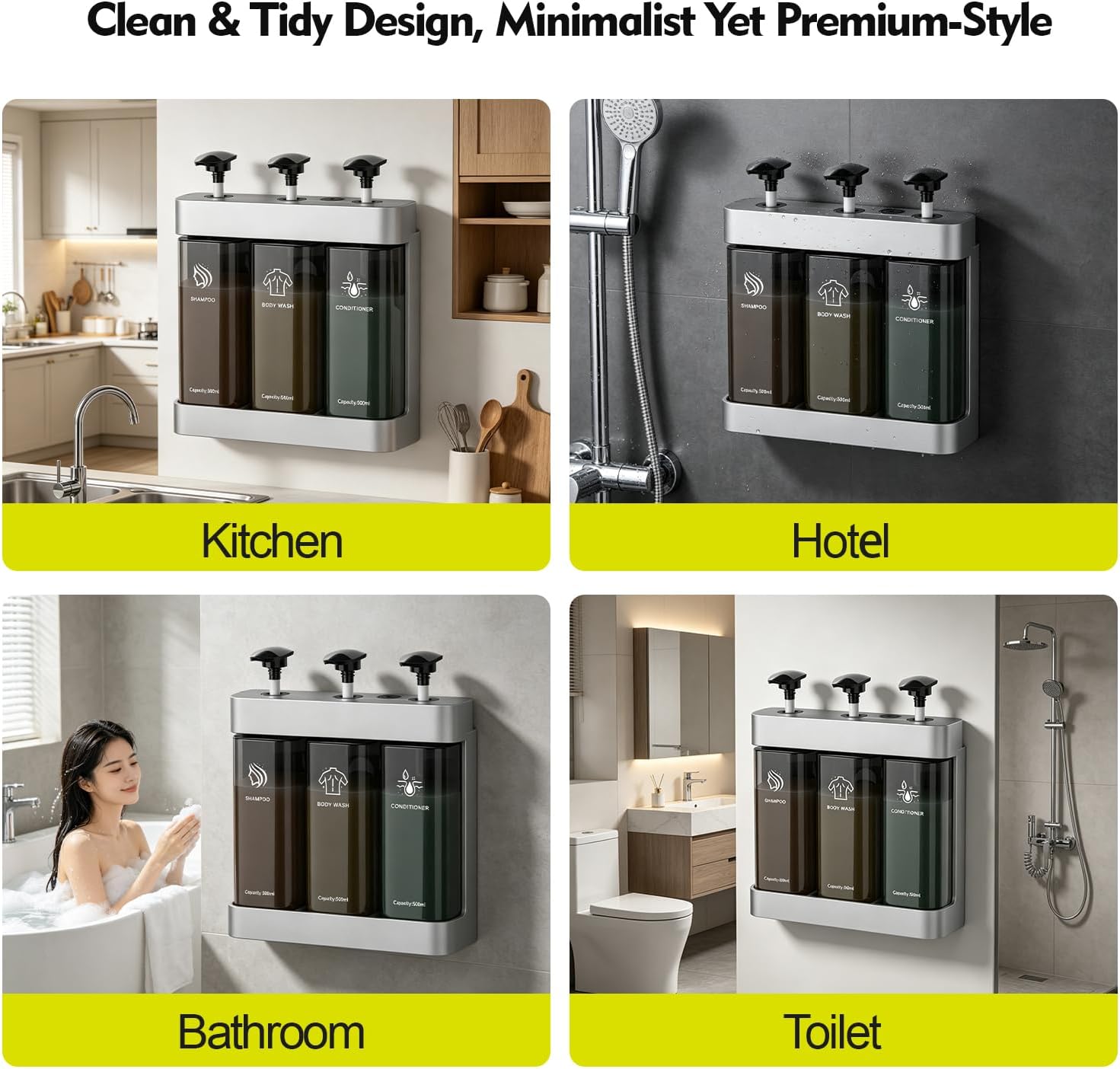 Shampoo and Conditioner Dispenser Wall Mounted, Refillable ABS Plastic Shower Soap Dispenser with Large Pump & Key Lock, No Drill Installation for Bathroom Hotel (2 Pack, Black with Silver Mount)