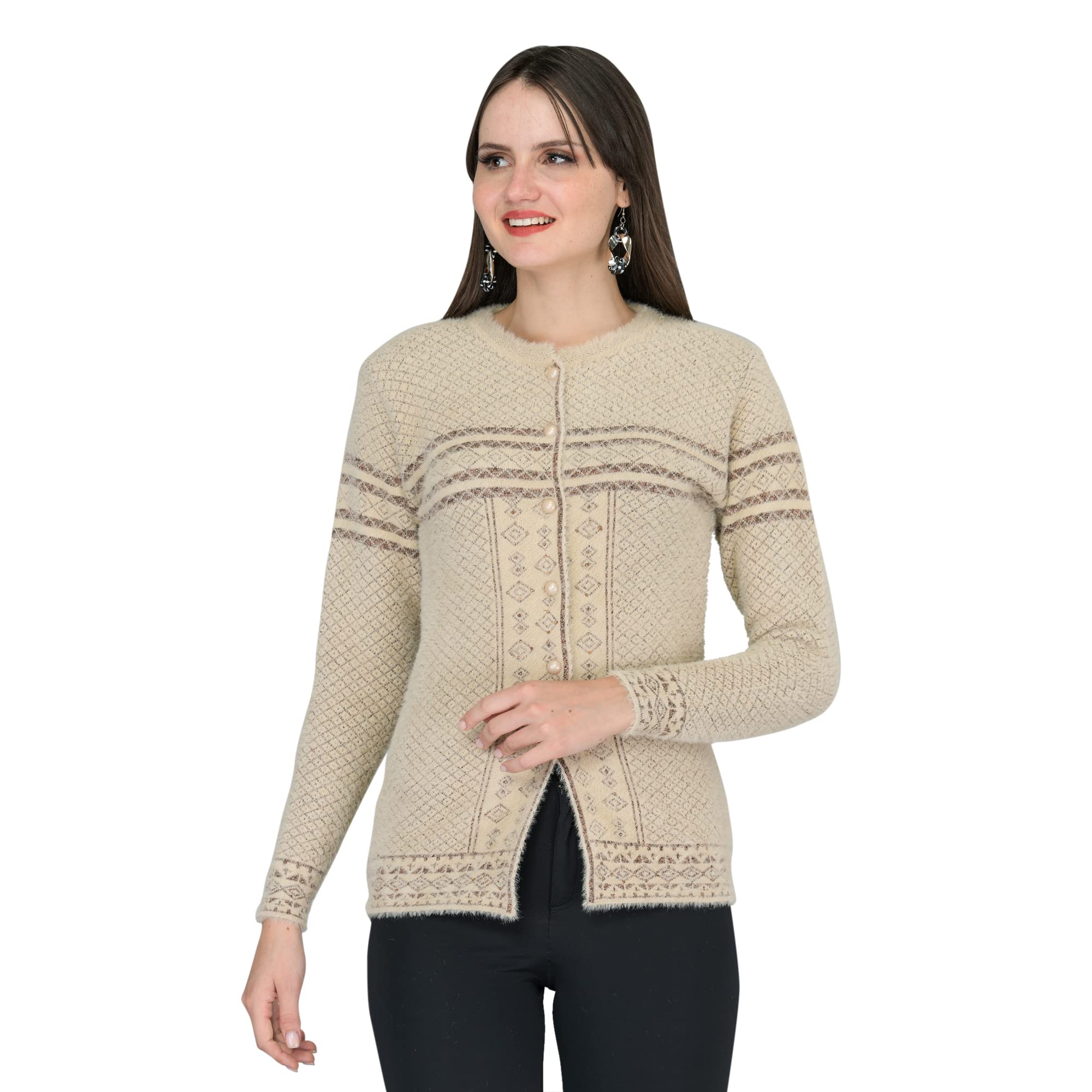 lady willington Women Woolen Band Neck Fur Cardigan Heavy Rainbow Rabbit Wool Fabric Winter Wear Pure Wool Cardigan for Women Free Size Long Cotty Fully Warm Cardigans with Side Pockets (Skin, XL)-picture-27