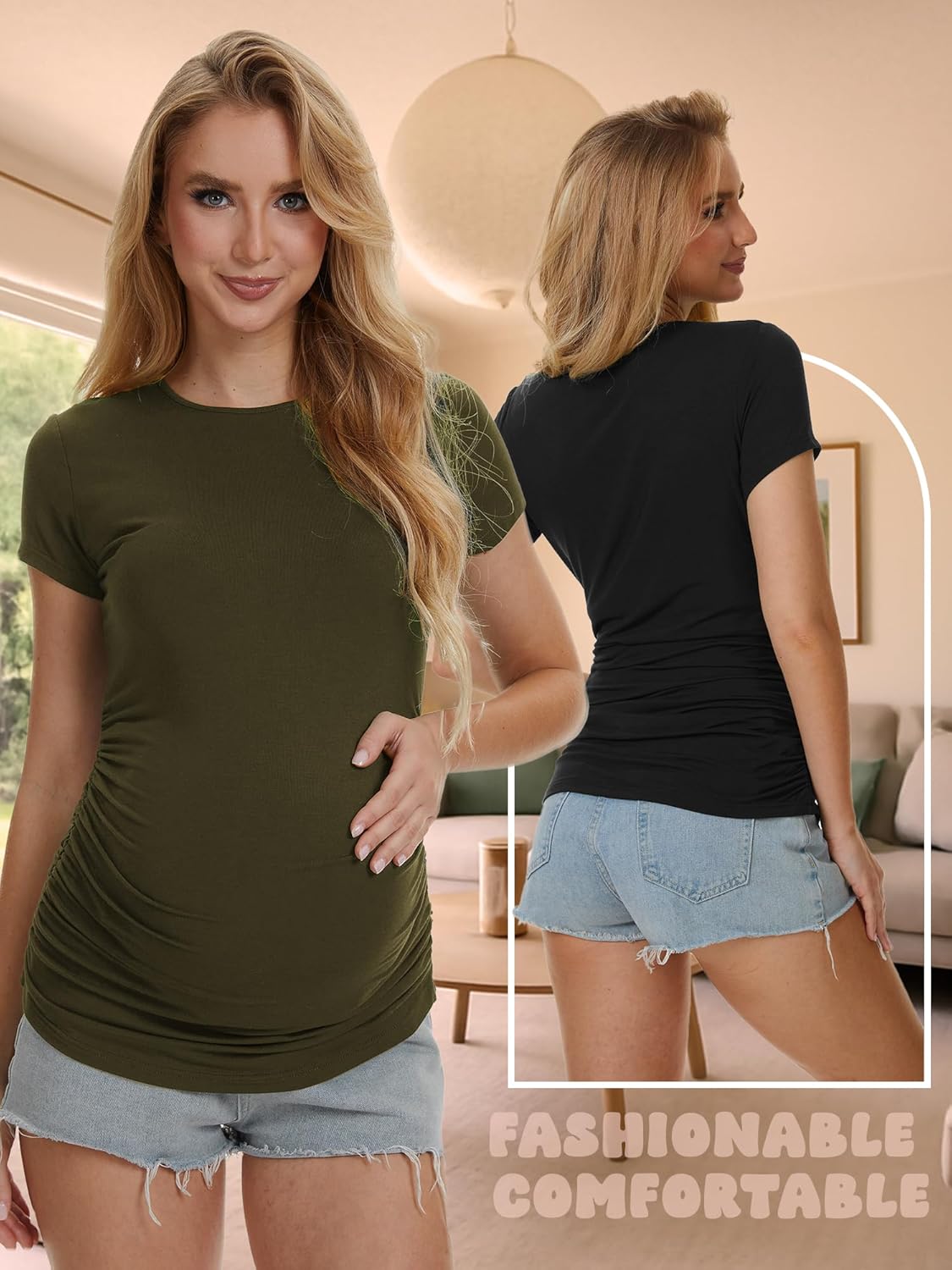 3 Pack Womens Maternity Shirts - Crew Neck Maternity Top Short Sleeve Pregnancy Tee Shirts - Image 2