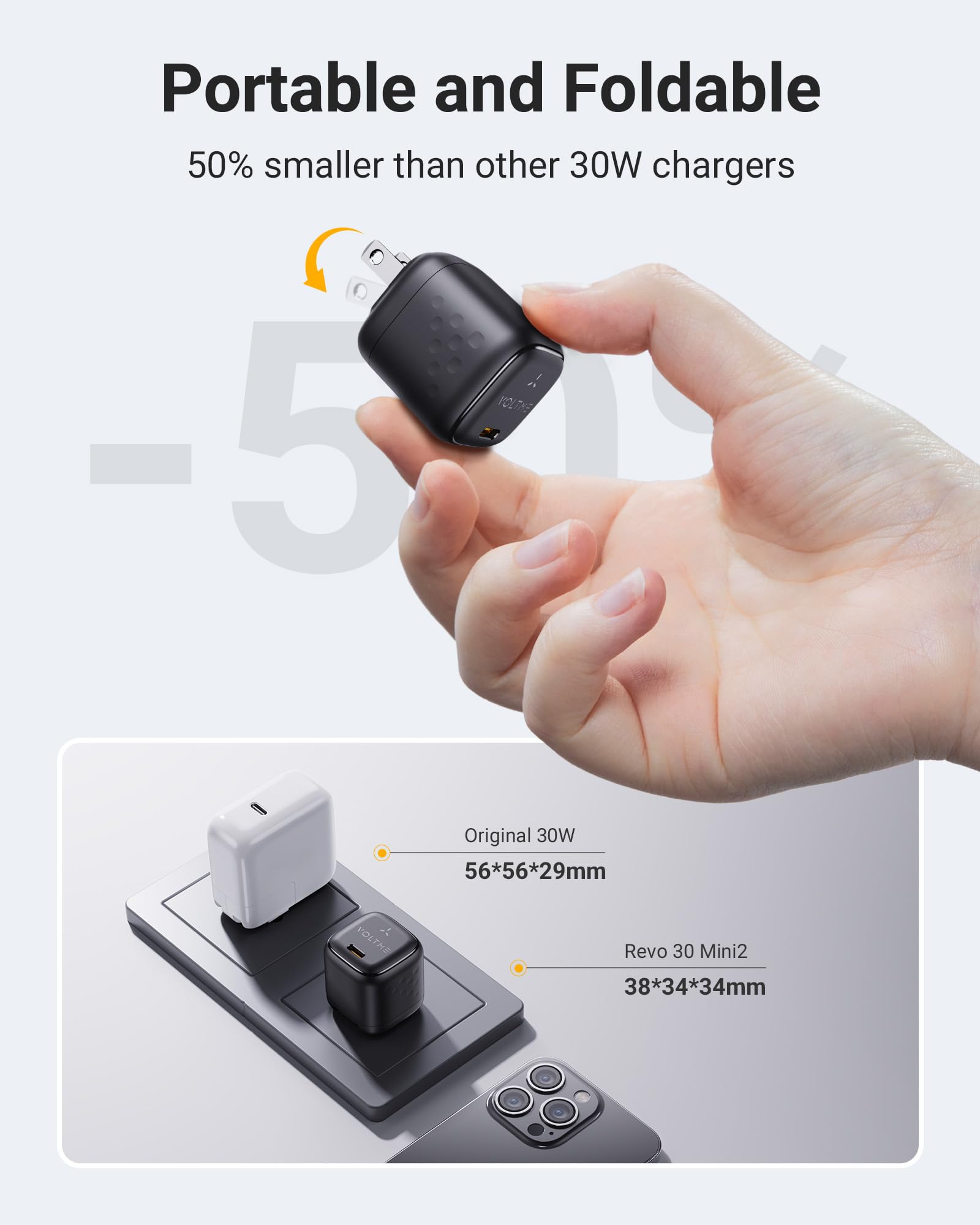 VOLTME 30W USB C Charger, Slim Compact Fast Charger Block, Foldable GaN Wall Charger, USB-C Power Adapter for iPhone 15 14 13 12 11 Pro Max, Galaxy S24 23 22 21, Note, iPad Pro, Pixel