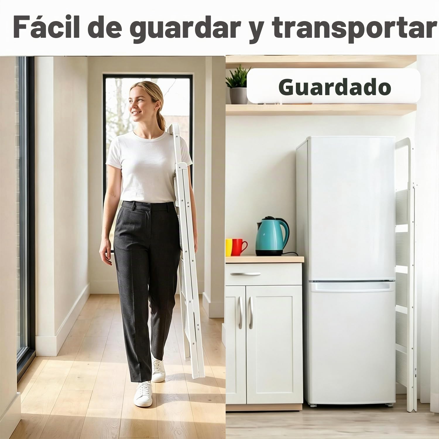 Escaleras Plegables de 2 escalones con Acabado Blanco de Aluminio, Antideslizante, portátil, Resistente, para el hogar y la Cocina, Oficina, 330 Libras