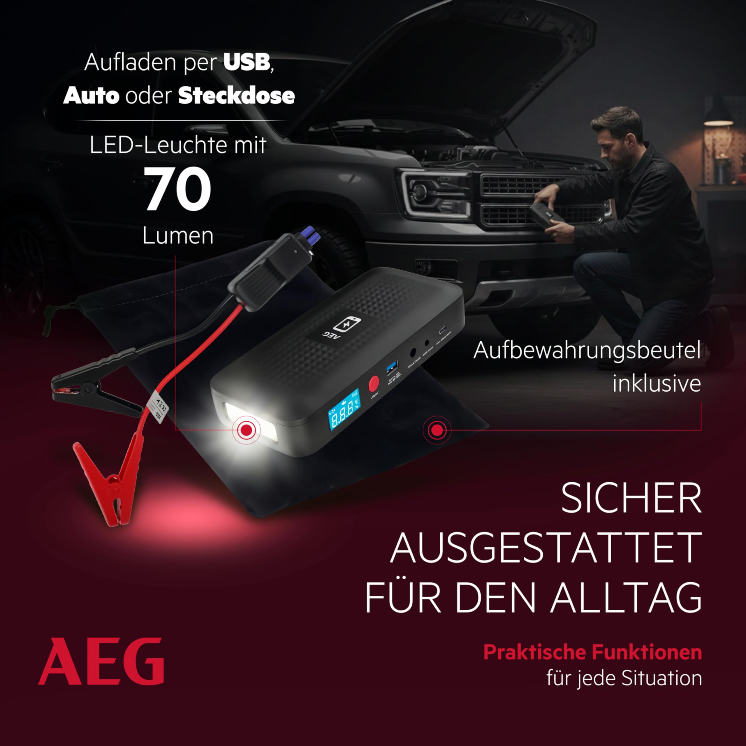 AEG Jumpstarter JS15, Auto Starthilfe, Powerbank für kabelloses Laden, mit integrierter LED-Lampe, mit Li-Ion-Akku, 400A/1500A, schwarz