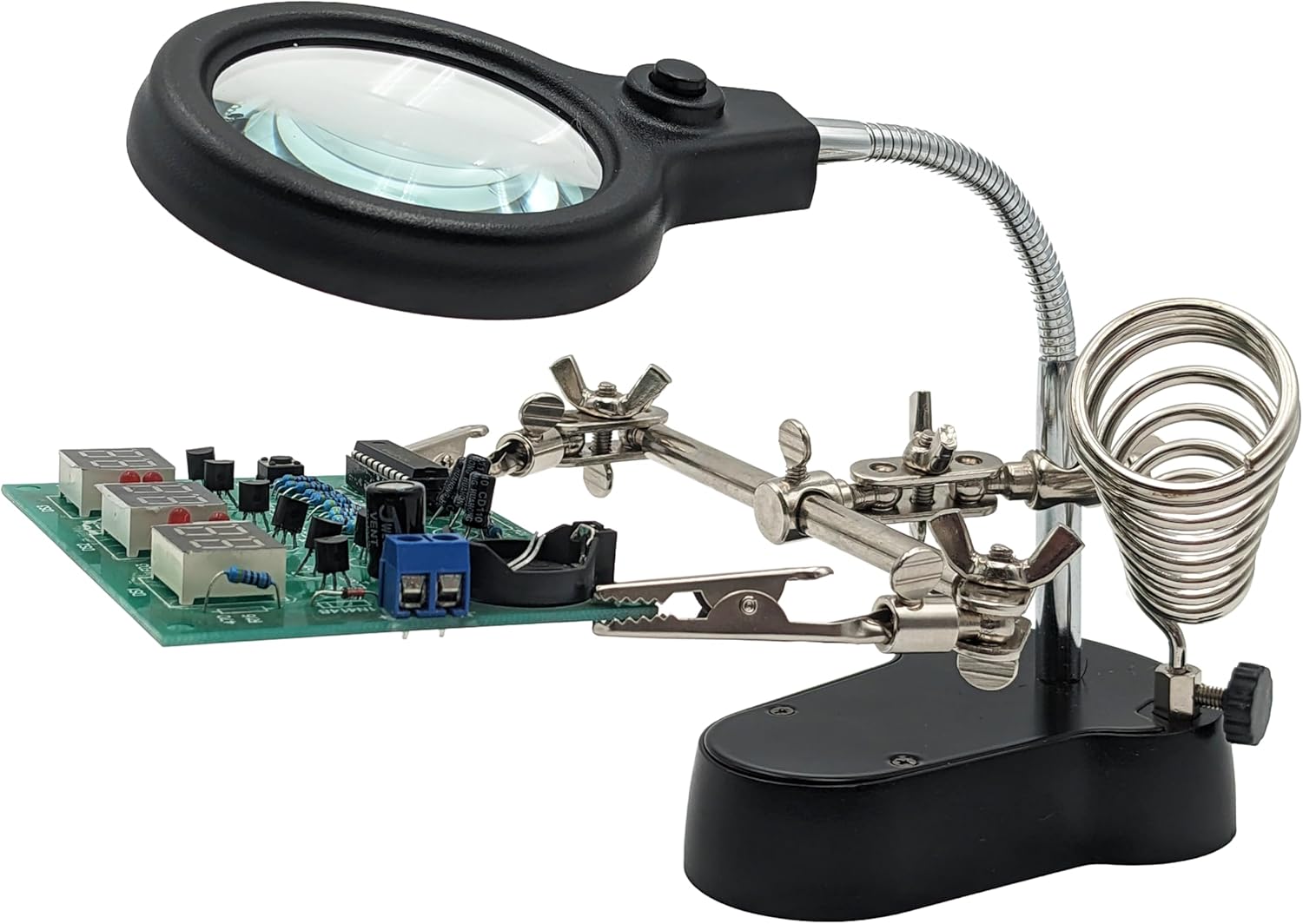 Helping Hand Project Holder Soldering Aid with Flexible 2.5x Magnifying Glass, LED Lights, and Soldering Iron Holder - by Electronix Express