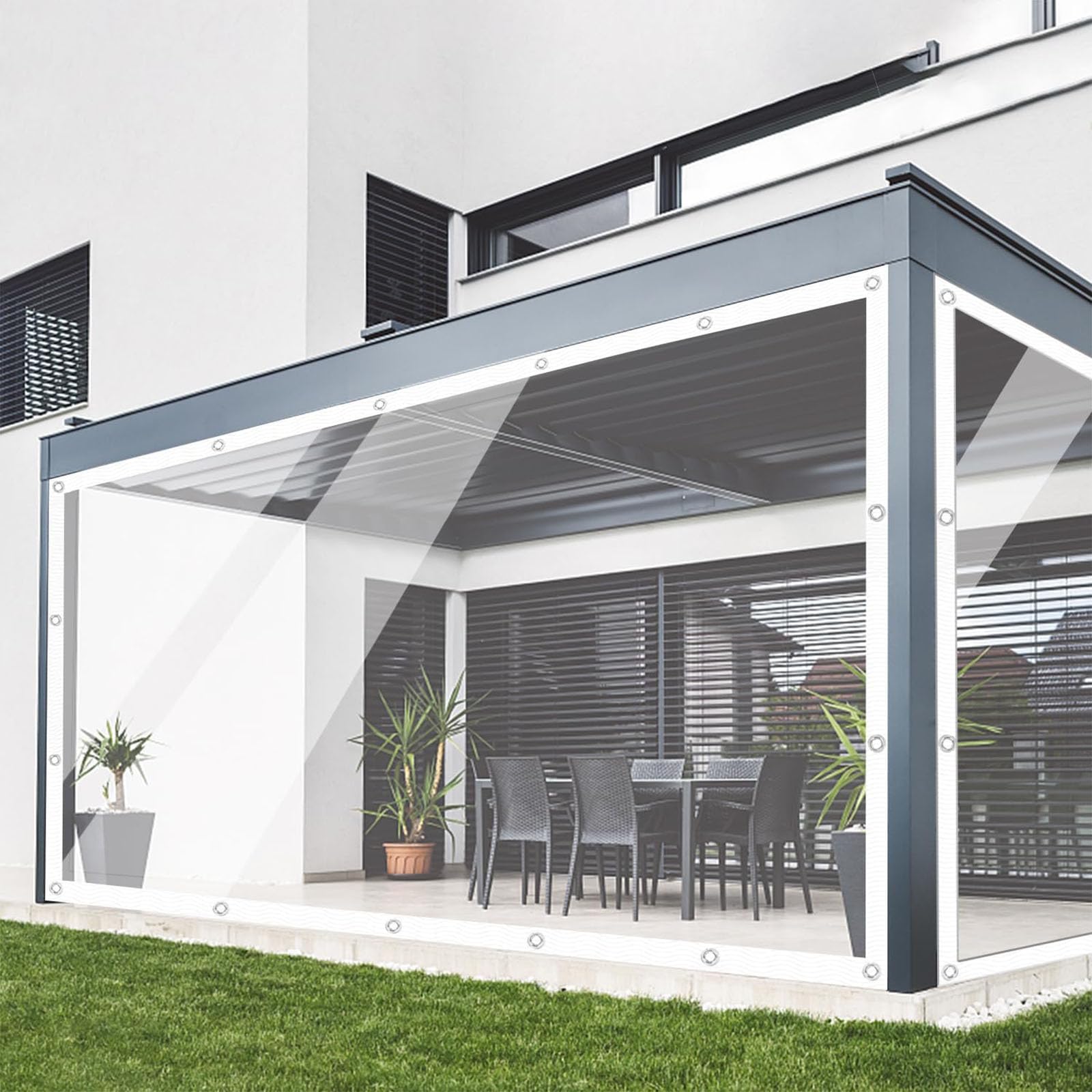 Lona transparente impermeable con ojales, cubierta transparente resistente para protección al aire libre, incluye cuerda y bridas para un cierre seguro