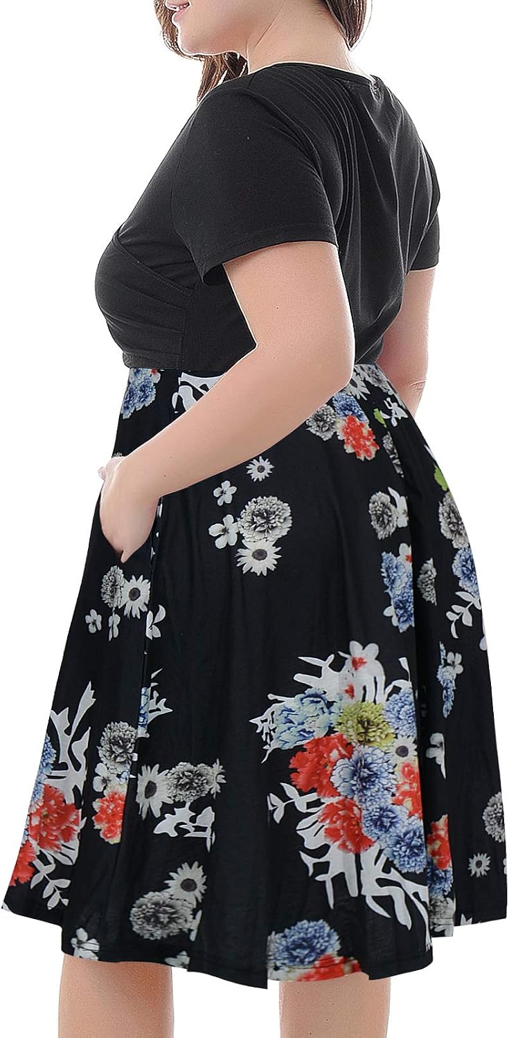 Nemidor Women's V-Neck Print Pattern Casual Work Stretchy Plus Size Swing Dress with Pocket