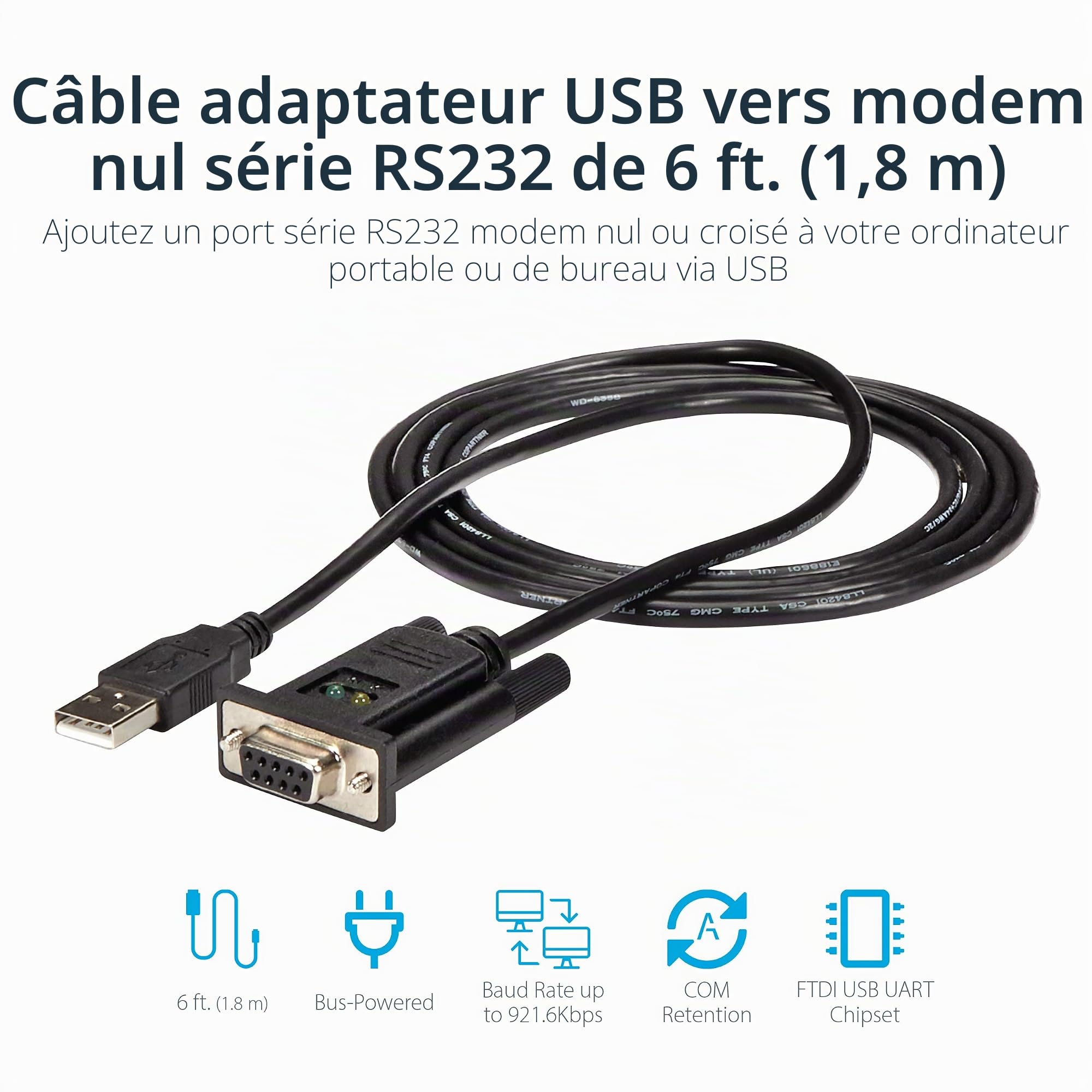 StarTech Adaptateur USB vers Série RS232 1,8m, DB9 DCE, FTDI (ICUSB232FTN) | Câble adaptateur série, Null Modem, USB 2.0, Windows, Mac, Linux, 921, 6 Kbps, 1 Port