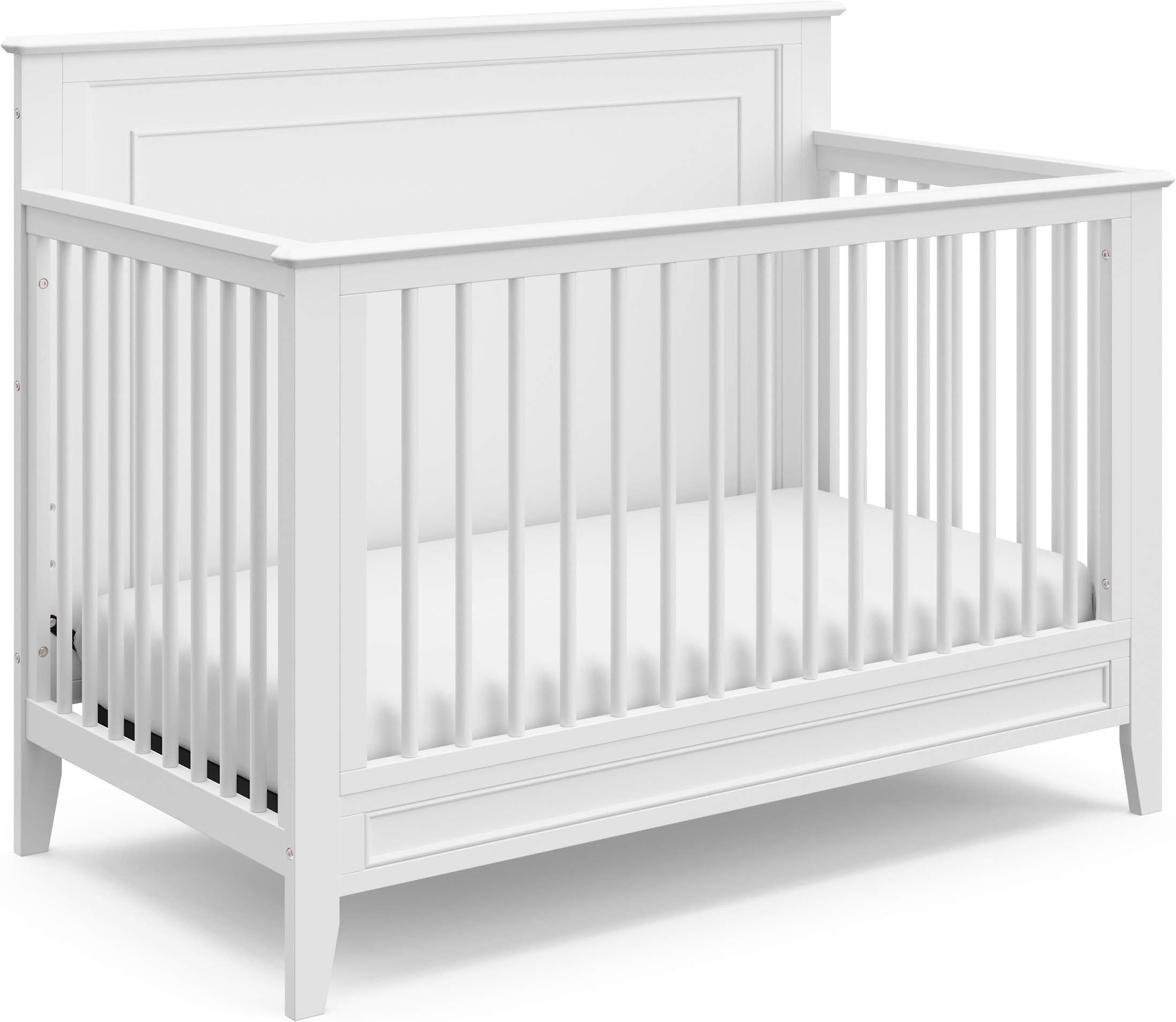 Solstice 5-In-1 Convertible Crib โ GREENGUARD Gold Certified, Converts to Toddler Bed and Full-Size Bed, Fits Standard Full-Size Crib Mattress, Adjustable Mattress Support Base (White)