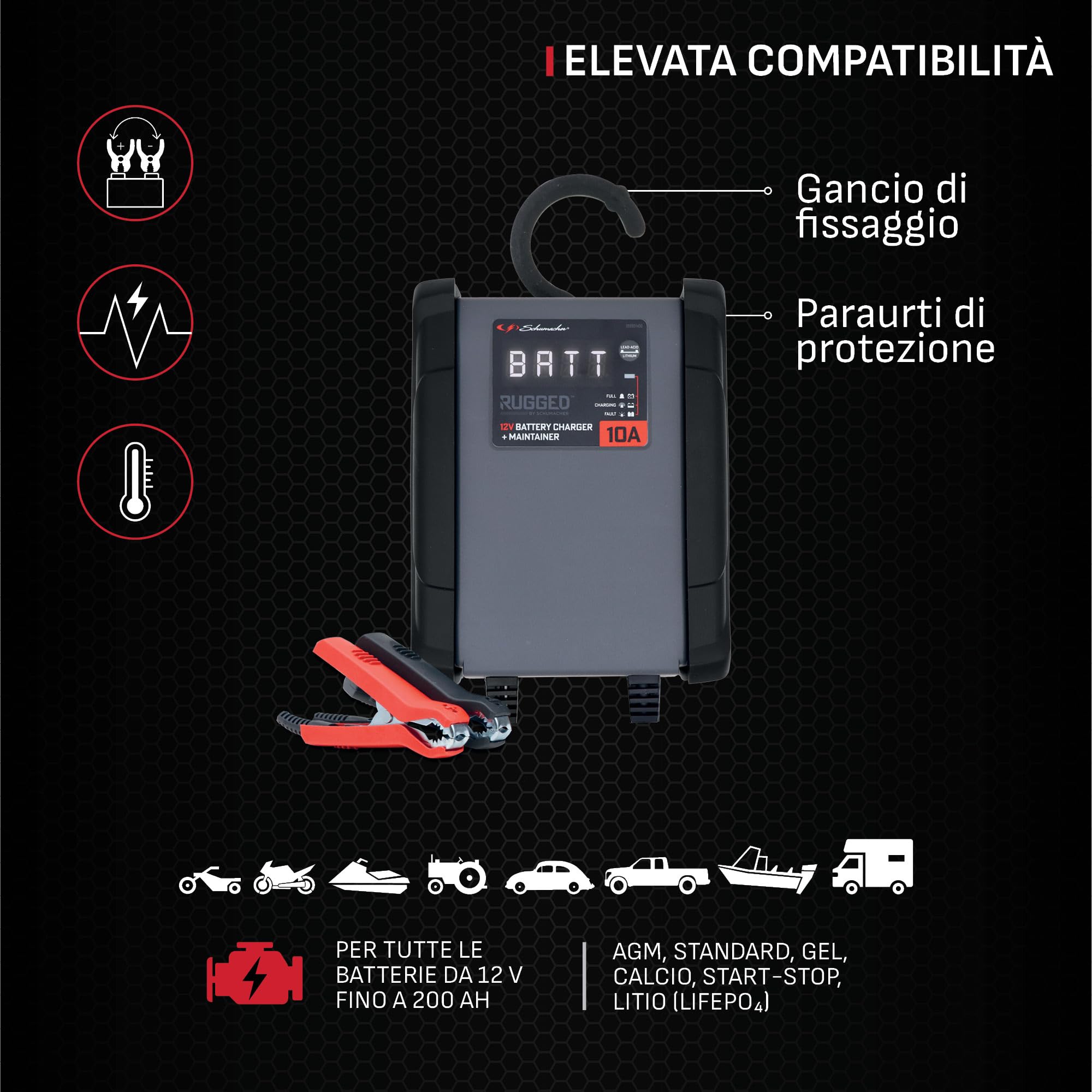 Schumacher Electric SPX460-10A Caricabatterie Auto 12V - Mantenimento Intelligente - AGM, Standard, Gel, Calcio, Start&Stop, LiFePo4