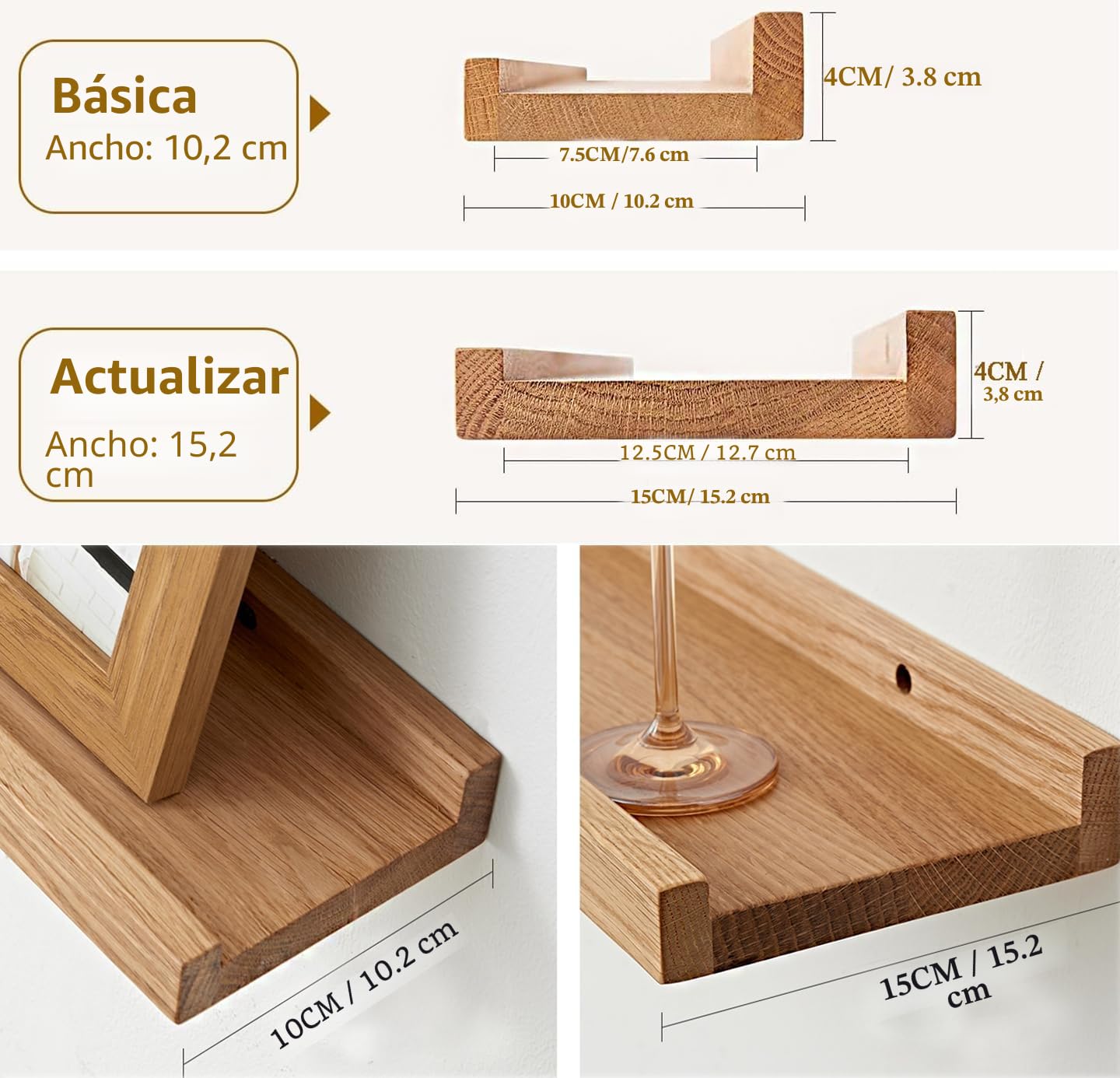 Estantes flotantes de Roble Macizo para Fotos, Libros, 90cm Estantería Madera Pared para el hogar, Oficina, Dormitorio, Sala de Estar, Baño