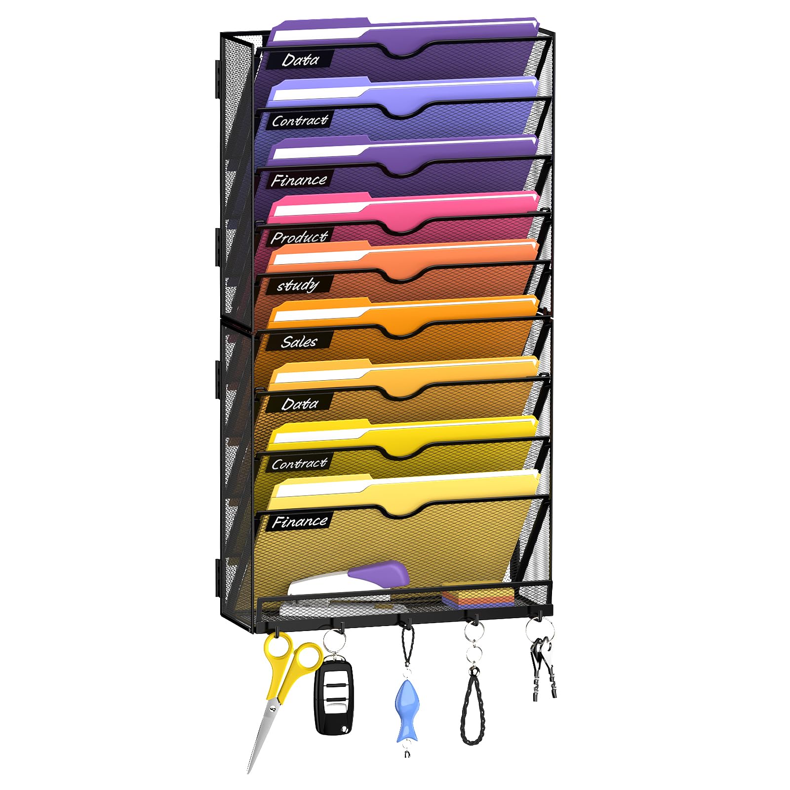 RITOLLO 10 Tier Hanging Wall File Organizer, Mail Organizer Wall Mounted with Hooks, Hanging Paper Folder Holder for Office Home (10 Tier)