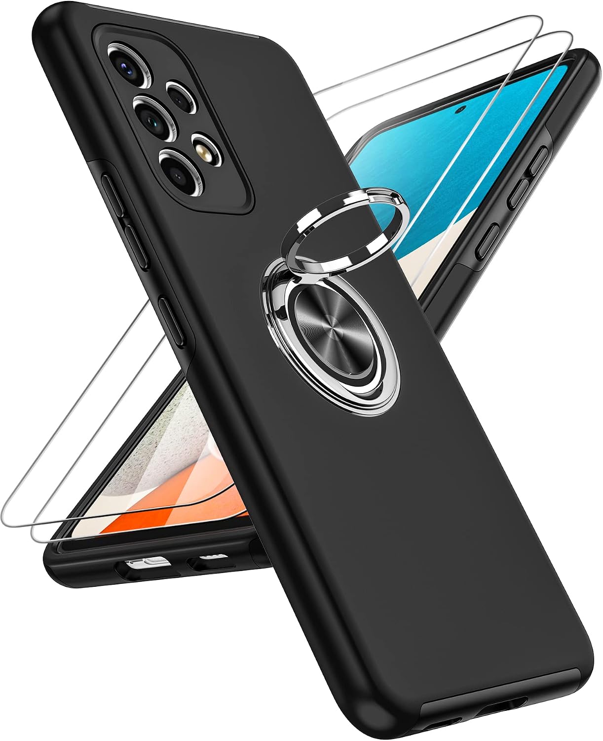 LeYi for Samsung A53 5G Case, Galaxy A53 5G Case with [2 Pack] Tempered Glass Screen Protector, Slim Shockproof Phone Case with Invisible Ring Holder Kickstand for Galaxy A53 5G, Black