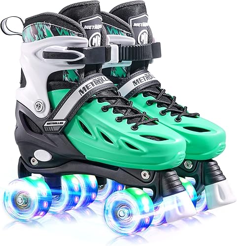 METROLLER Patines de ruedas para niñas y niños adolescentes, 4 tamaños ajustables para niños pequeños patines con ruedas iluminadas, para jóvenes,
