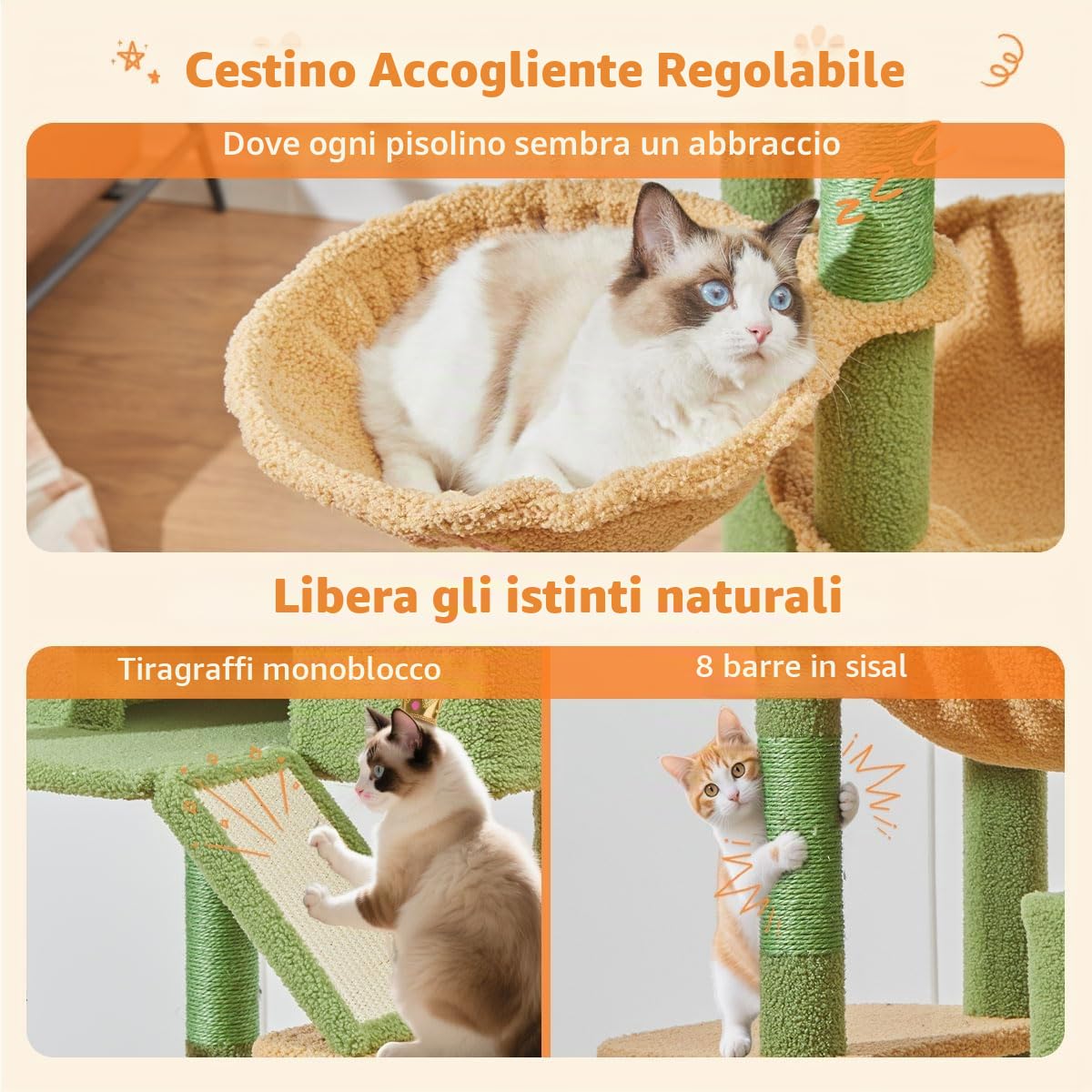 Taoqimiao Tiragraffi per Gatti, 180cm Stabile Tiragraffi per Gatti Adulti xxl con 2 Grotte,1 Amaca, 1 Cestini, 8 Pali Graffiatoi, 2 piattaforme, Materiale di Flanella Morbida, Verde MSC026L
