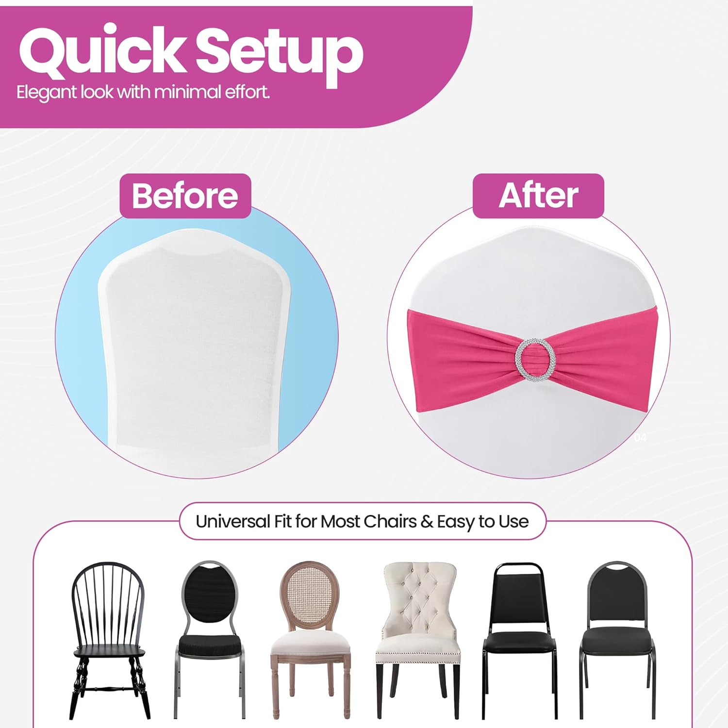 WedDecor Stretch Chair Bands Plain Spandex Band with Slider Buckle for Wedding Party Chair Decoration, Events Supplies, Formal Meeting, Hot Pink, 13 x 6 Inches, 25pcs