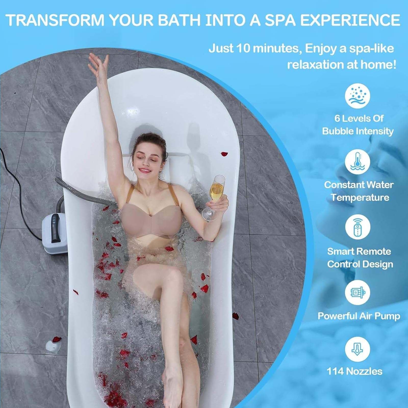 Alfombrilla de baño de masaje, diseño antideslizante impermeable con potente bomba de aire, ajuste de 6 velocidades para un mejor sueño, 114 cm de longitud, experiencia de spa perfecta en casa