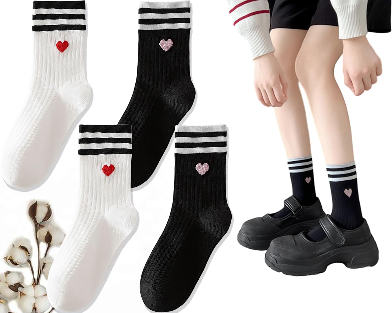CHUNFO Cute Heart Red Ankle Womens Athletic Colorful Striped Socks Novelty Big Kid Crew Sock 4 & More Pairs