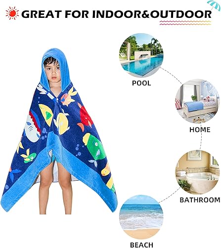 Miniatura 3 de BANGSAUR Toallas de baño de playa con capucha para niños, 100% algodón, 50 x 30 pulgadas, bata de baño, niños pequeños de 3 a 12 años, color pez