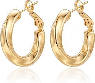 14K White Gold Hoop Earrings for Women, Chunky Dome Hoop Earrings, Modern Minimalist Thick Lightweight Statement Jewelry, Hypoallergenic, Birthday Anniversary Valentine's Mother's Day Christmas Gift for Her
