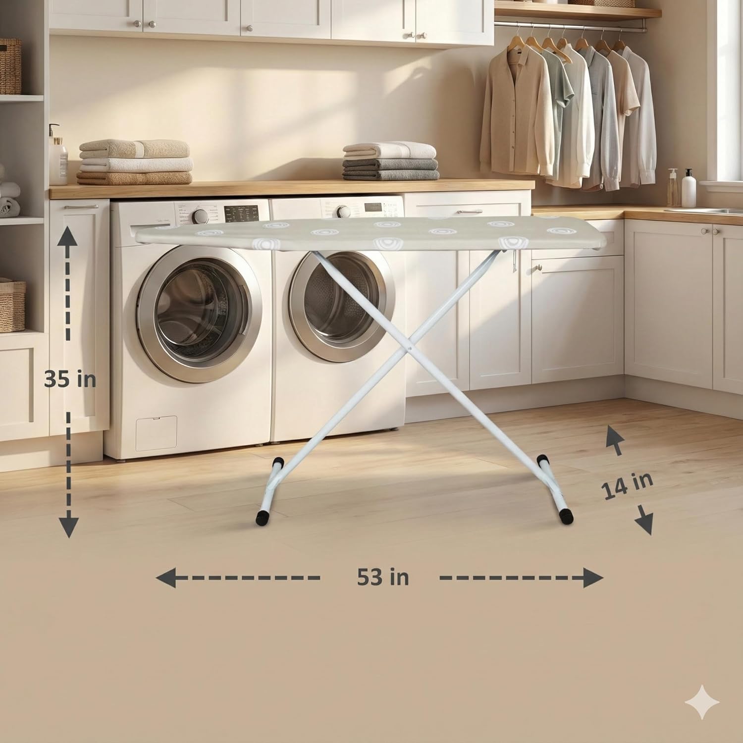 Beige T-Leg Ironing Board with Cotton Cover, 53" x 14" Ironing Board Foldable,Height Adjustable,Home Use