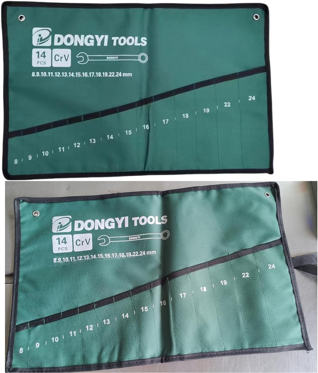 2 Pack Wrench Roll Up Pouch Wrench Set Roll Organizer 14 Pocket Slot Canvas Tool Bag Rolling Pouches for Ratcheting Wrench Set Combination Wrench Sets 8mm to 24mm Metric Wrenches Set