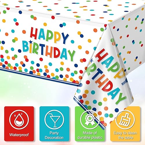 Miniatura 3 de Paquete de 3 manteles de plástico para decoración de cumpleaños, manteles desechables de lunares coloridos, mantel rectangular impermeable para