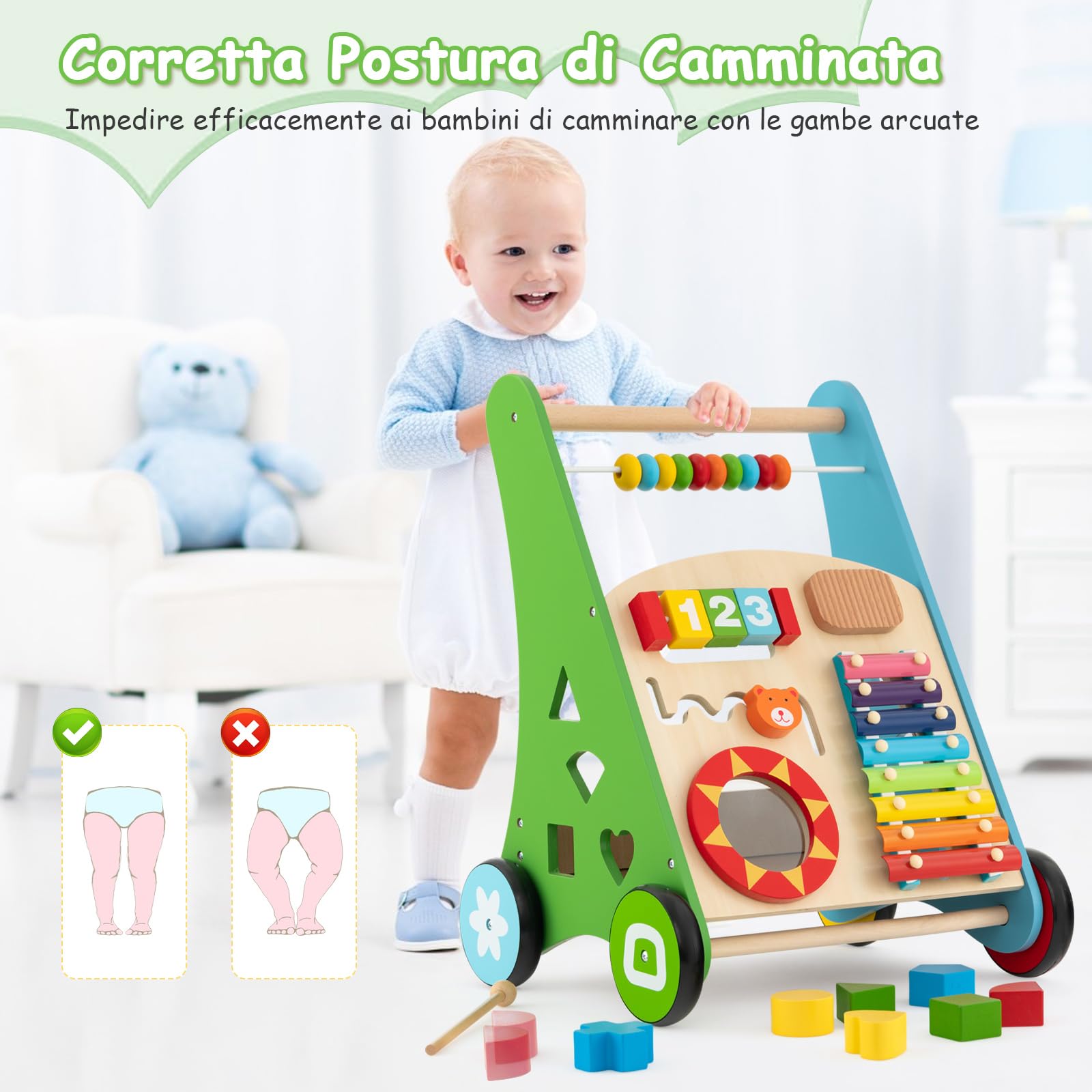 COSTWAY Carrello Primi Passi per Bambini, Girello Neonato in Legno, con Giocattoli Montessori, Centro Attività con Ruote, per Bambini 12+ Mesi (Colorato)