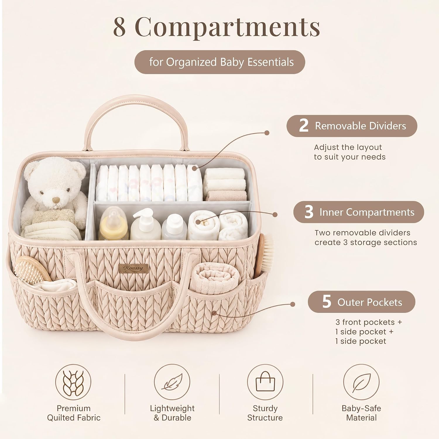Konssy Baby Diaper Caddy Organizer, Braided Quilted Design with PU Handles