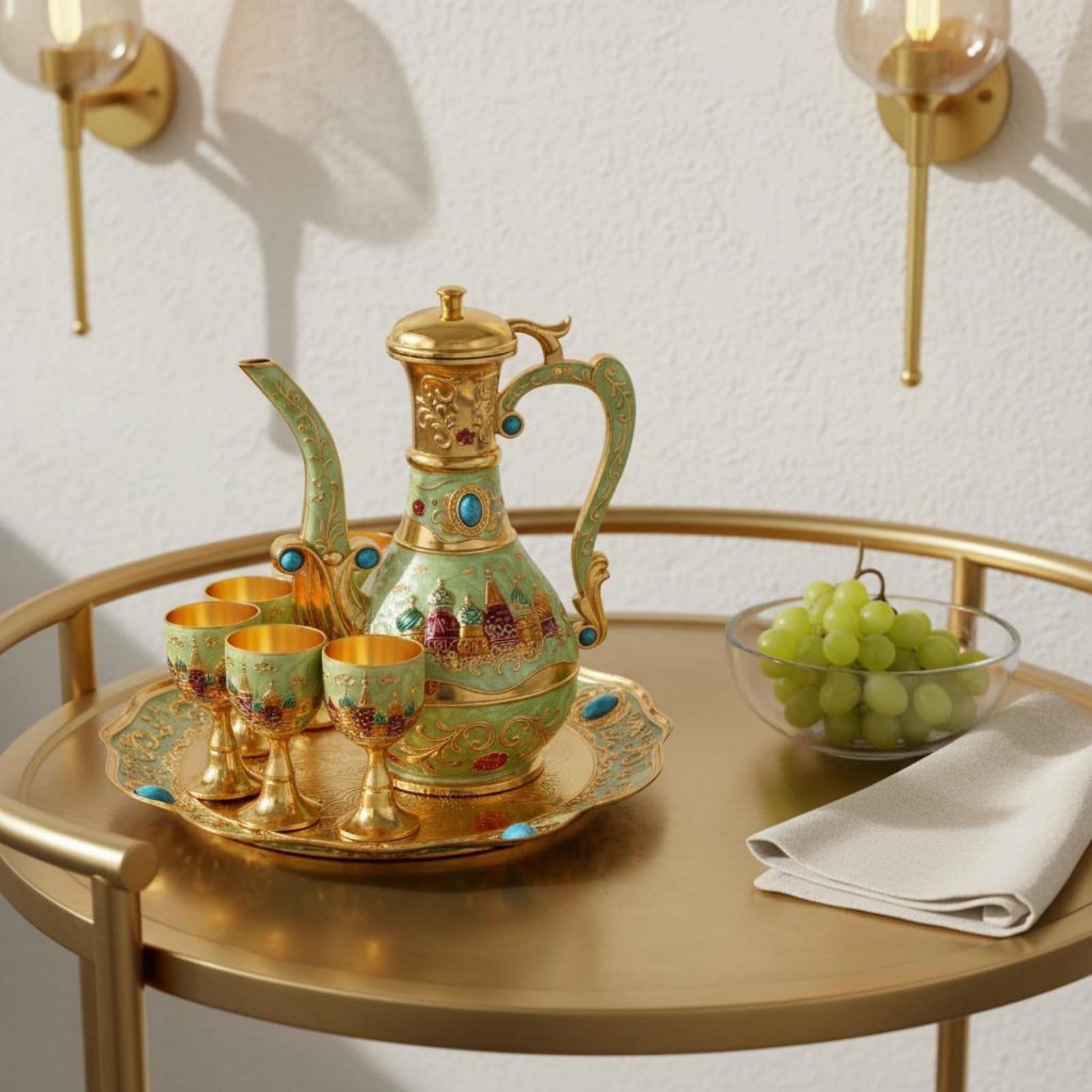 Qianly 1 Pieza Copa de Bronce con Juego de Licores Decantador Seis Bandeja Decorativa Diseño Coordinado Elegante en Aleación de Zinc Adecuada para Reuniones, Antique Copper