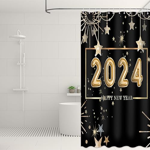 Miniatura 7 de Cortina de ducha con texto en inglés Happy New Year 2024 para baño, juego de cortina de ducha de tela impermeable con 12 ganchos, 72 x 72 pulgadas