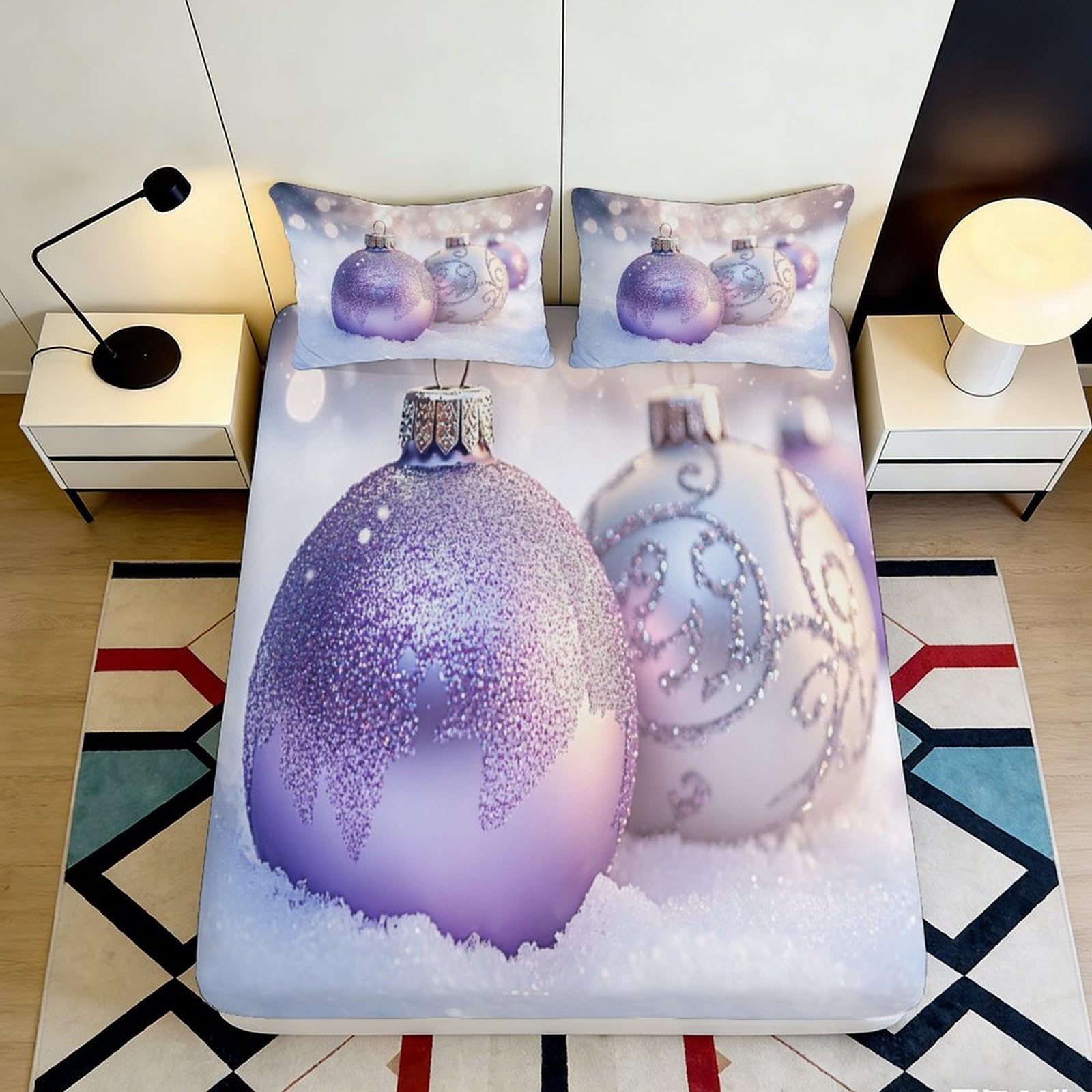 3D Printed Purple Christmas Ornament Fitted Sheet Microfiber Soft Breathable Snowy Baubles Bed Cover for Bedroom Dormitory Guest Room Mattress Protection 90x200x25cm