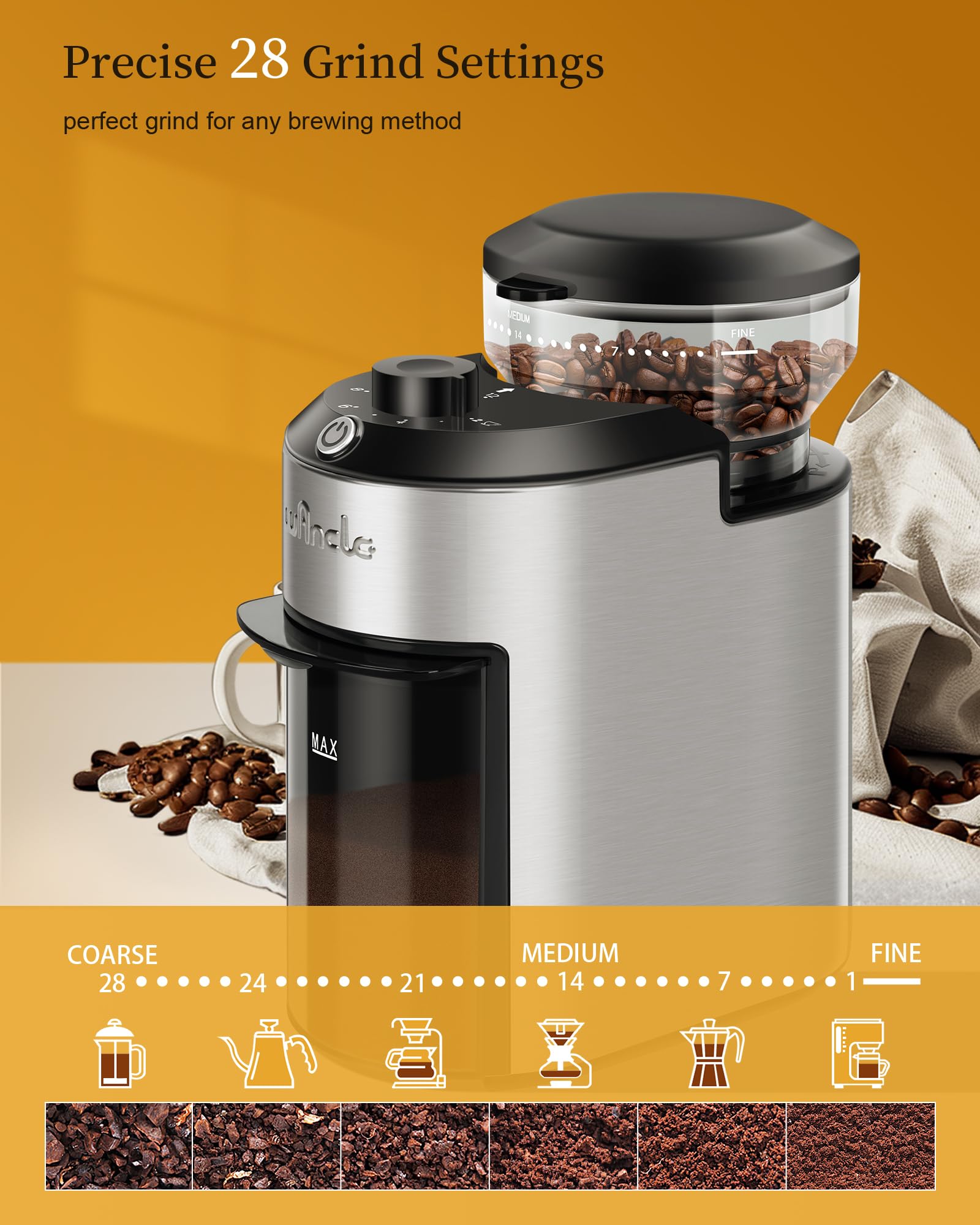 Moulin à Café à Meule Wancle 200W avec 28 Réglages de Mouture, Protection Contre la Surchauffe, Capacité de 2 à 12 Tasses, Design Compact pour un Rangement Facile, Acier Inoxydable, 220V