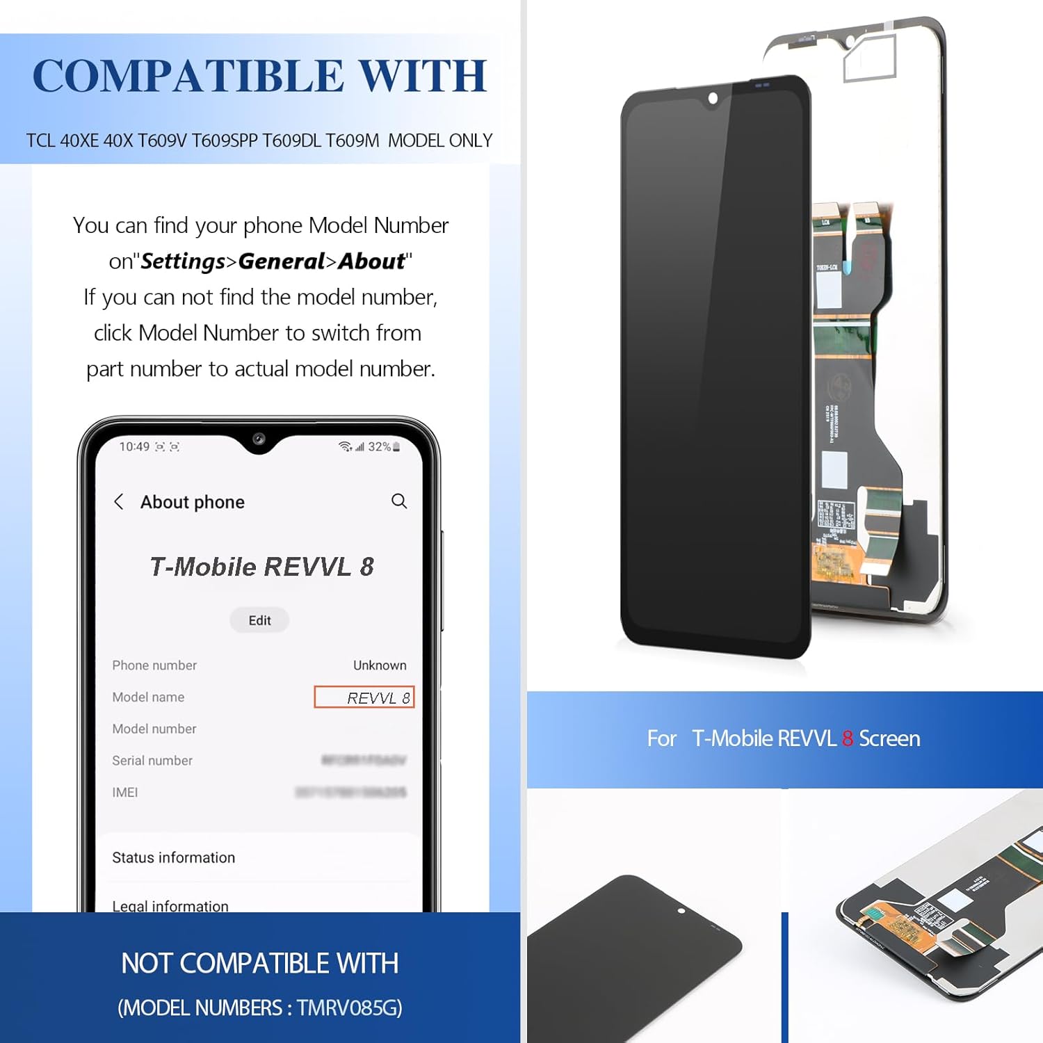 6.6 Inches for T-Mobile REVVL 8 Screen Replacement for REVVL 8 TMRV085G LCD Display Touch Screen Digitizer Assembly with Repair Tools (Black)