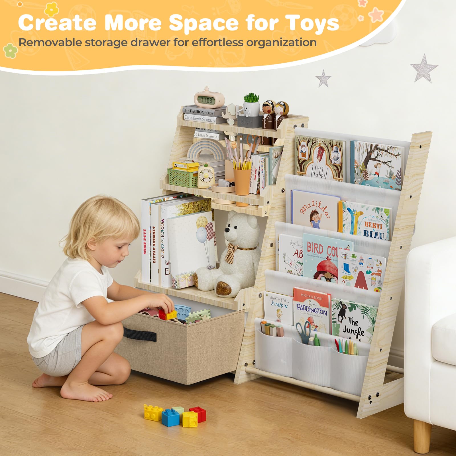 Scaffale per bambini con organizer per giocattoli 2 in 1 - Libreria in legno e tessuto con 4 scomparti, cassetto e tasche portapenne, scaffale sicuro per bambini, altezza 68 cm, per cameretta