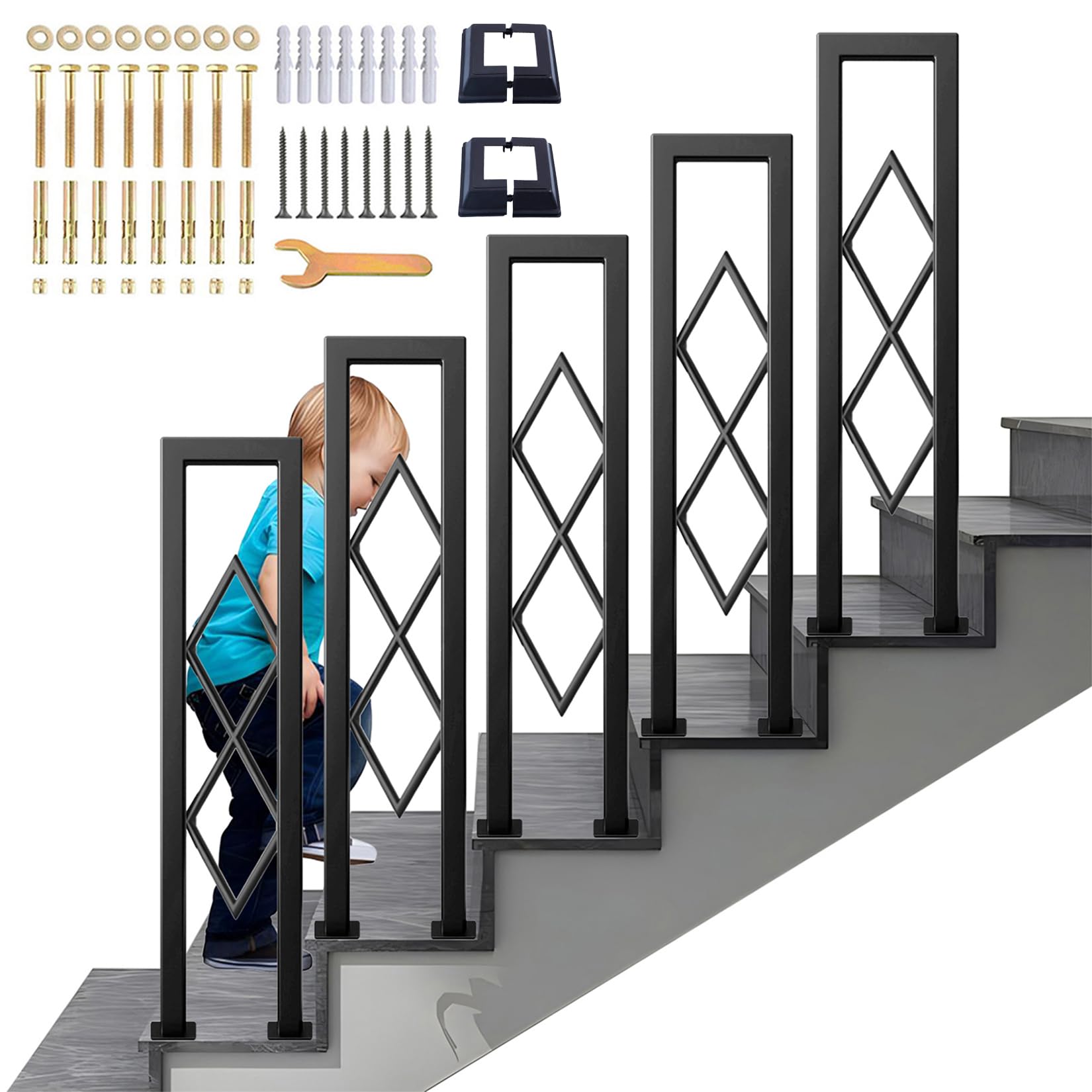 Barandilla de Escalera Interiores en Forma de U con Patrón de Diamante, Pasamanos Antideslizantes de Seguridad, Modernos Balaustre Decorativas para Escalones, Pasillo, Ático (Negro, 90cm)