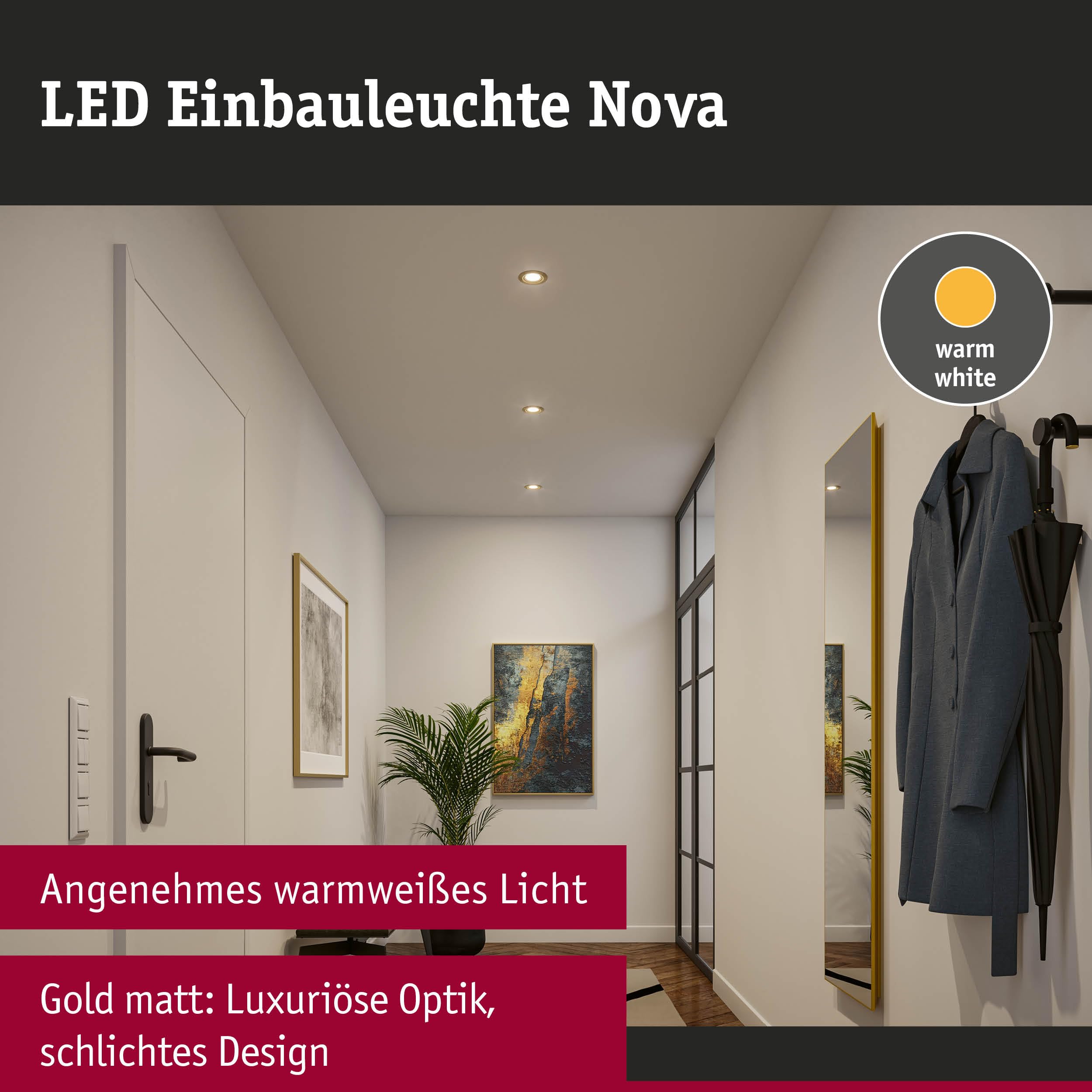 Paulmann 92406 LED Einbauleuchte 3-Step-Dim Nova Coin rund 84mm 50° Coin 3x6W 3x470lm 230V dimmbar 2700K Gold matt