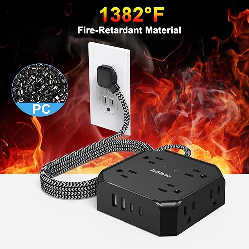 Miniatura 7 de Protector de sobretensiones - Cable de extensión de enchufe plano de 15 pies con 8 tomas amplias y 4 puertos USB (2 USB C), extensor de salida