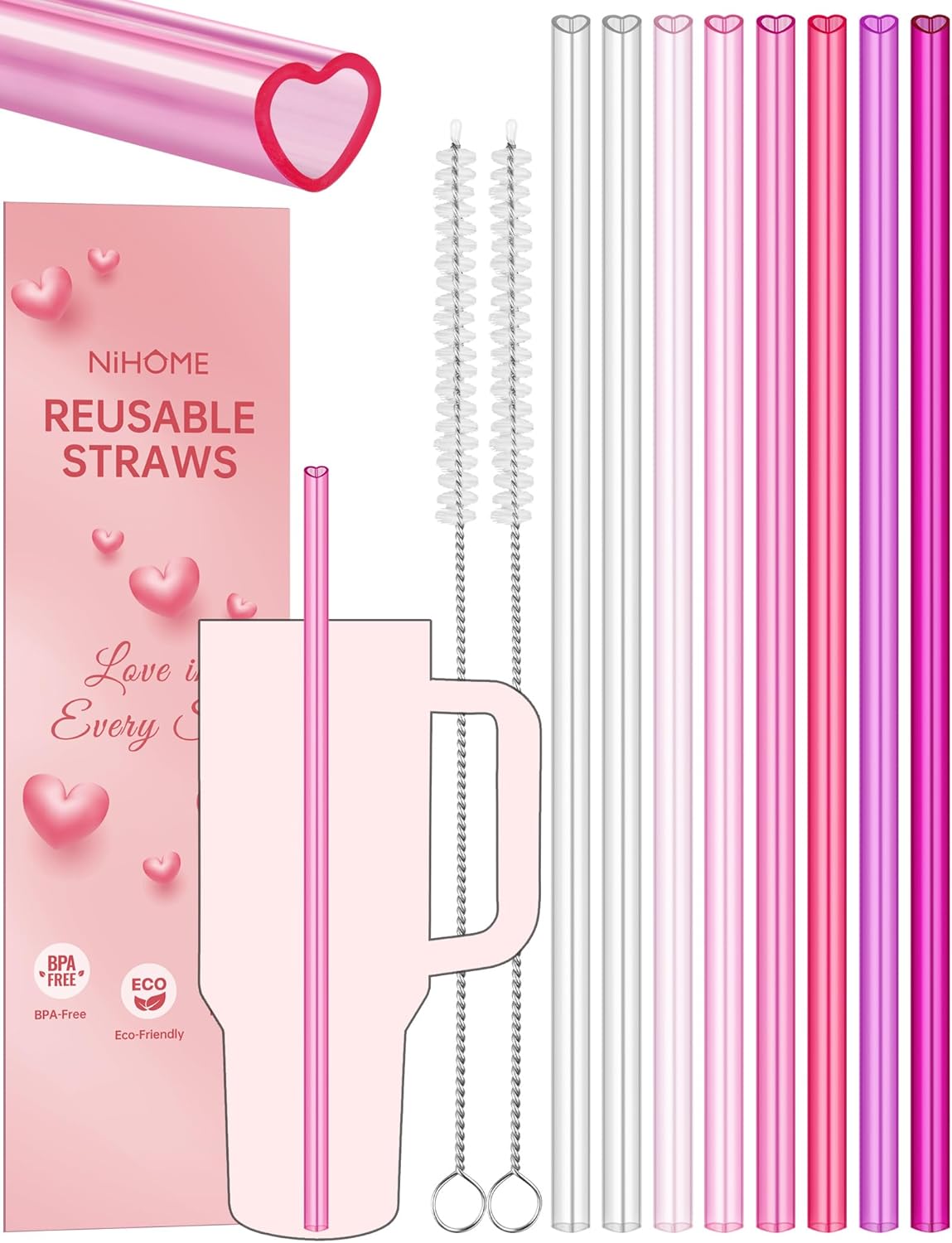 NiHome 8-Pack 12" Reusable Heart Shaped Straws Fit for Stanley Tumbler 40/30/64oz, Gradient Pink Plastic Drinking Straws Fit for Stanley Cups, Heart Shape Straw for Christmas, Valentine’s Day