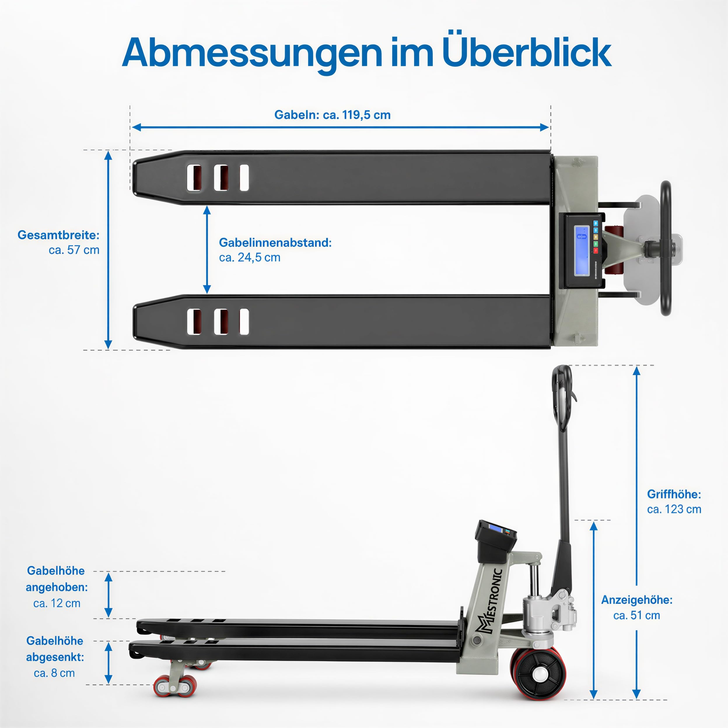 WKA Wiegehubwagen WH-2500 Plus, 2500 kg, 200 g, Hubwagen mit Waage | 2.500 kg Tragkraft, 200-g-Anzeigeschritt, 4 DMS-Wägezellen, Akku, LCD, Tara, Summieren, PU-Tandemrollen