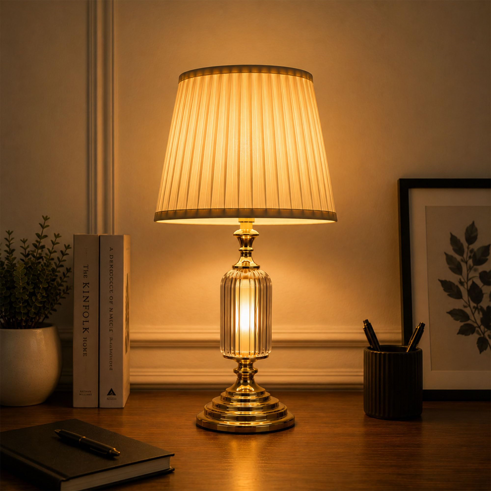 Beige Fiberglass and Stainless Steel Stand Cotton Fabric Shade Vertical Ribbed Pattern 54 CM Height E-27 Ring Holder Table Lamp for Living Room Bed Room Decor-image-27